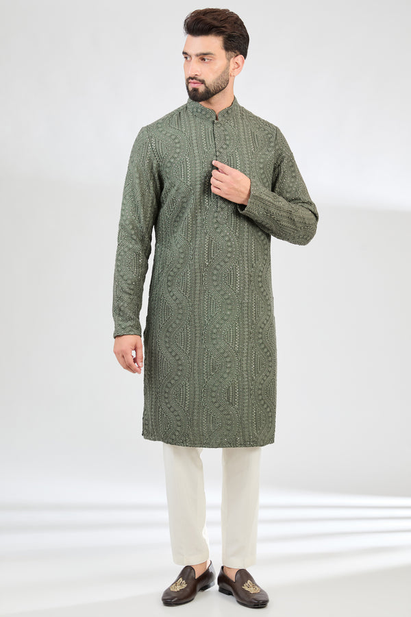 Military green chikankari kurta. - kasbahmen