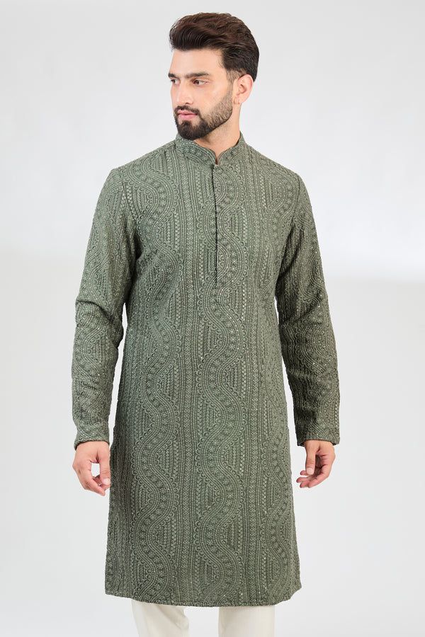 Military green chikankari kurta. - kasbahmen