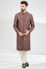 Mauve-taupe geometrically embroidered sherwani. - kasbahmen