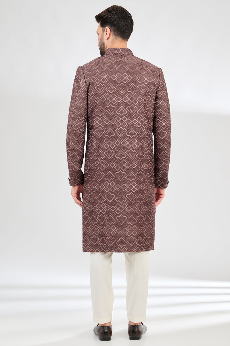 Mauve-taupe geometrically embroidered sherwani. - kasbahmen