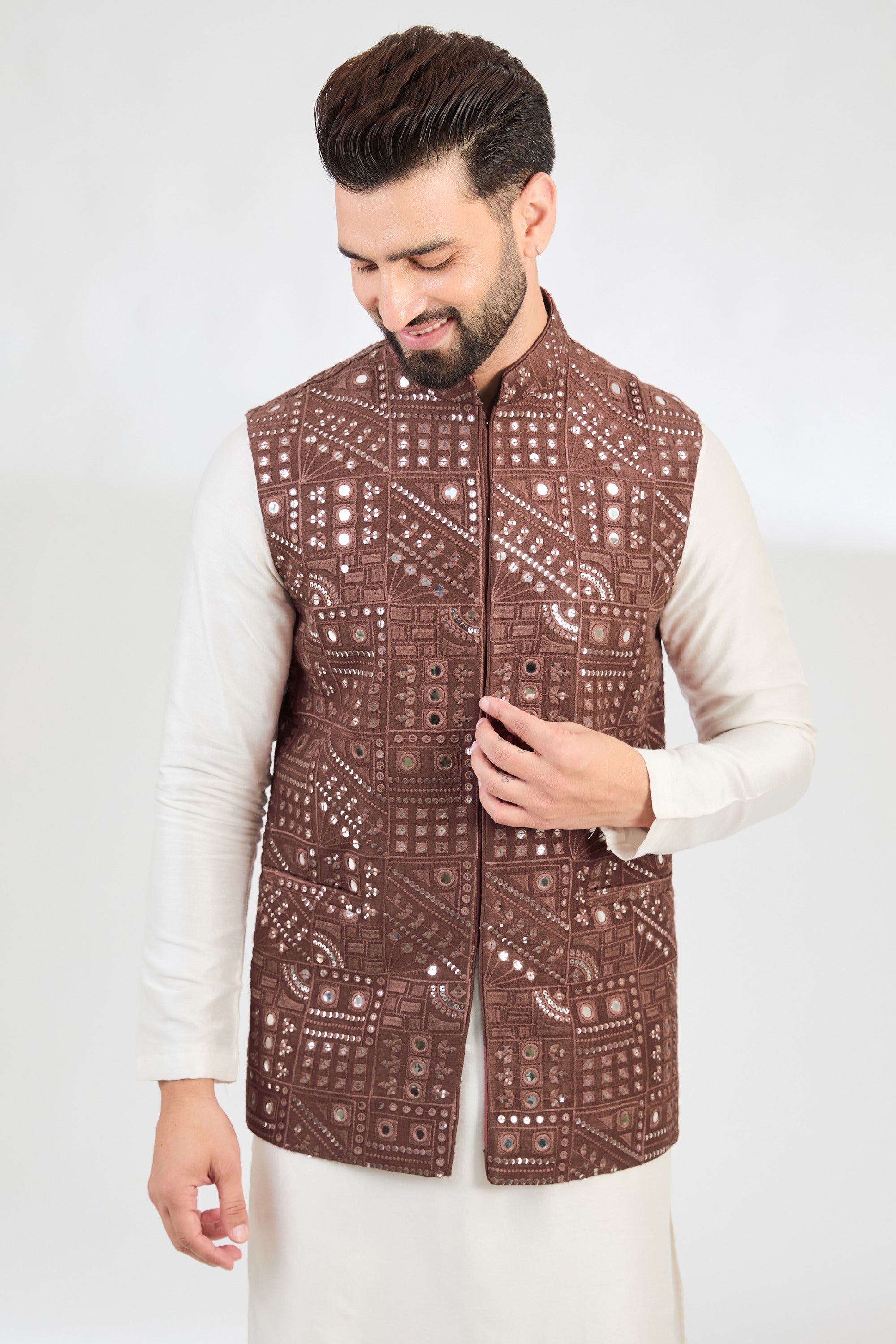 Mauve-taupe abstract mirror-work jacket. - kasbahmen