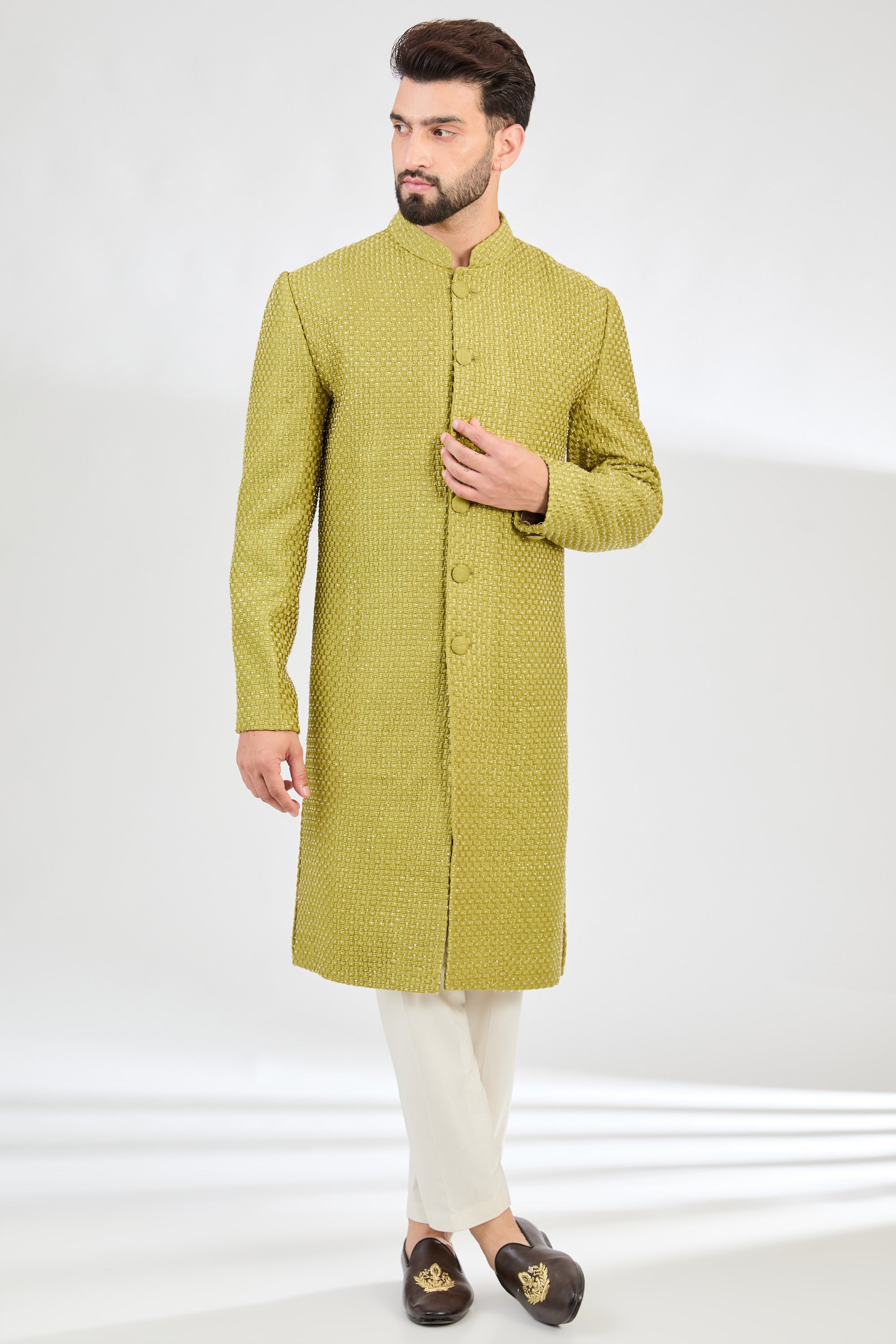 Neon green sherwani with intricate cut-dana work. - kasbahmen