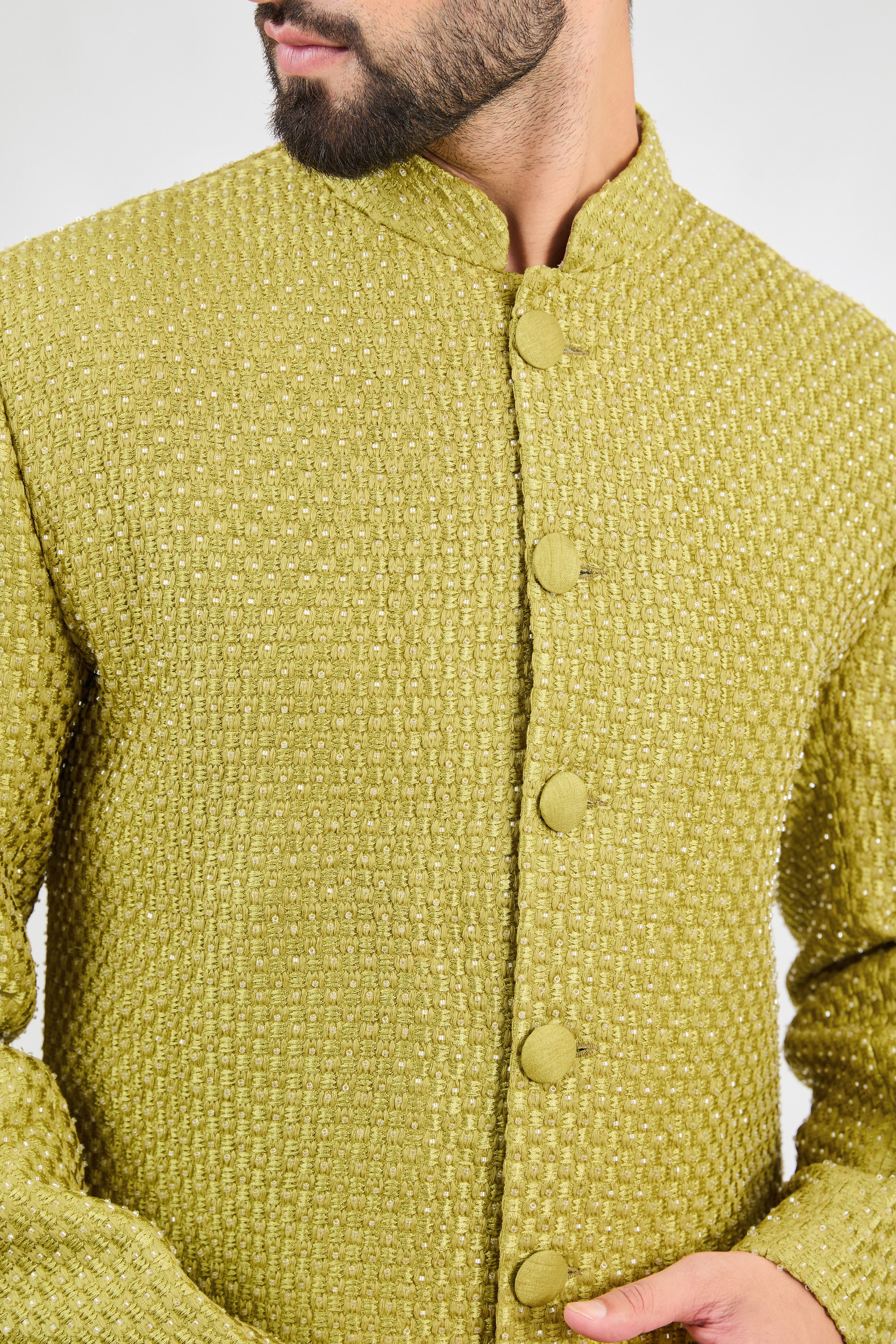 Neon green sherwani with intricate cut-dana work. - kasbahmen