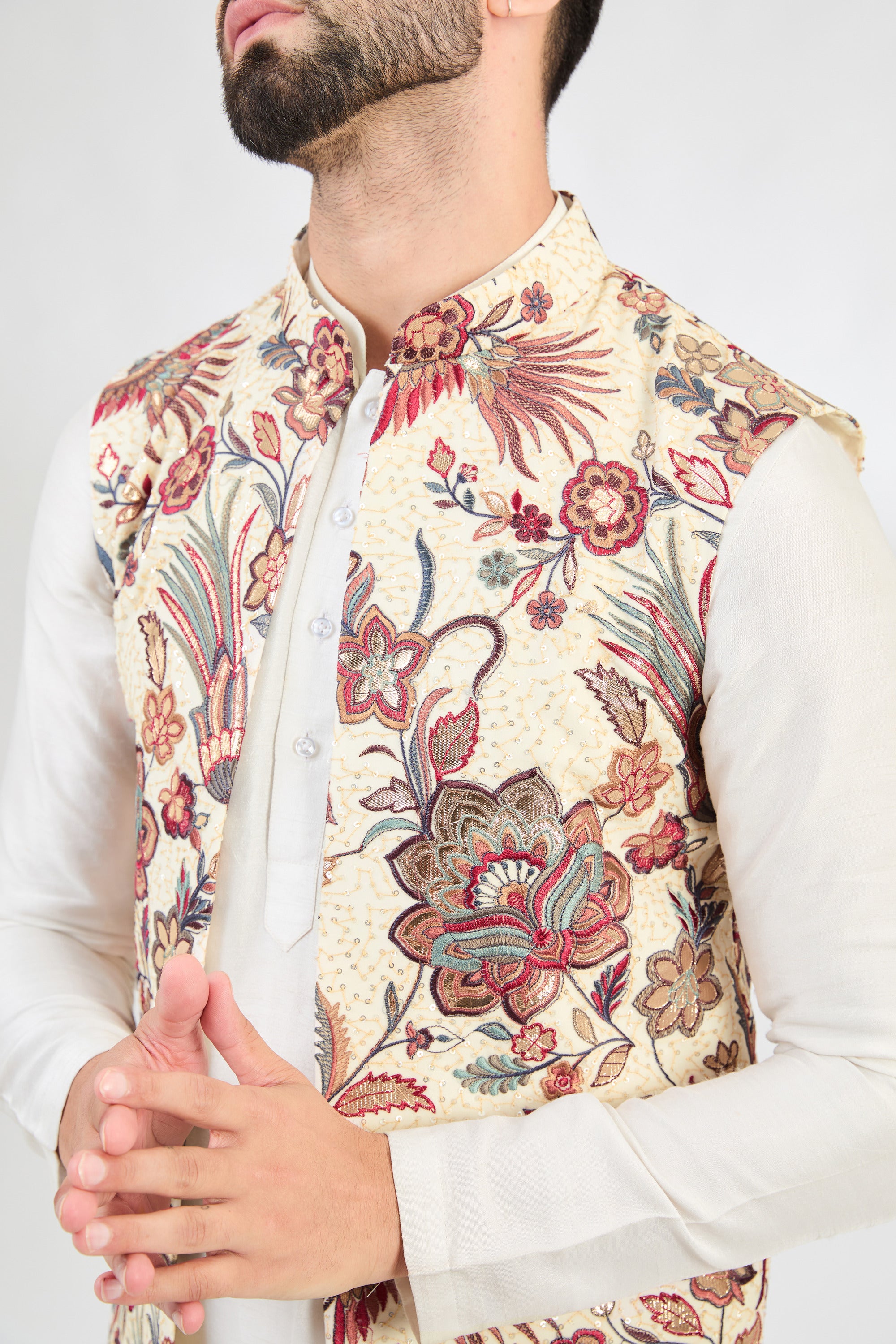 cream flora and fauna long open shrug with leather patch work - kasbahmen