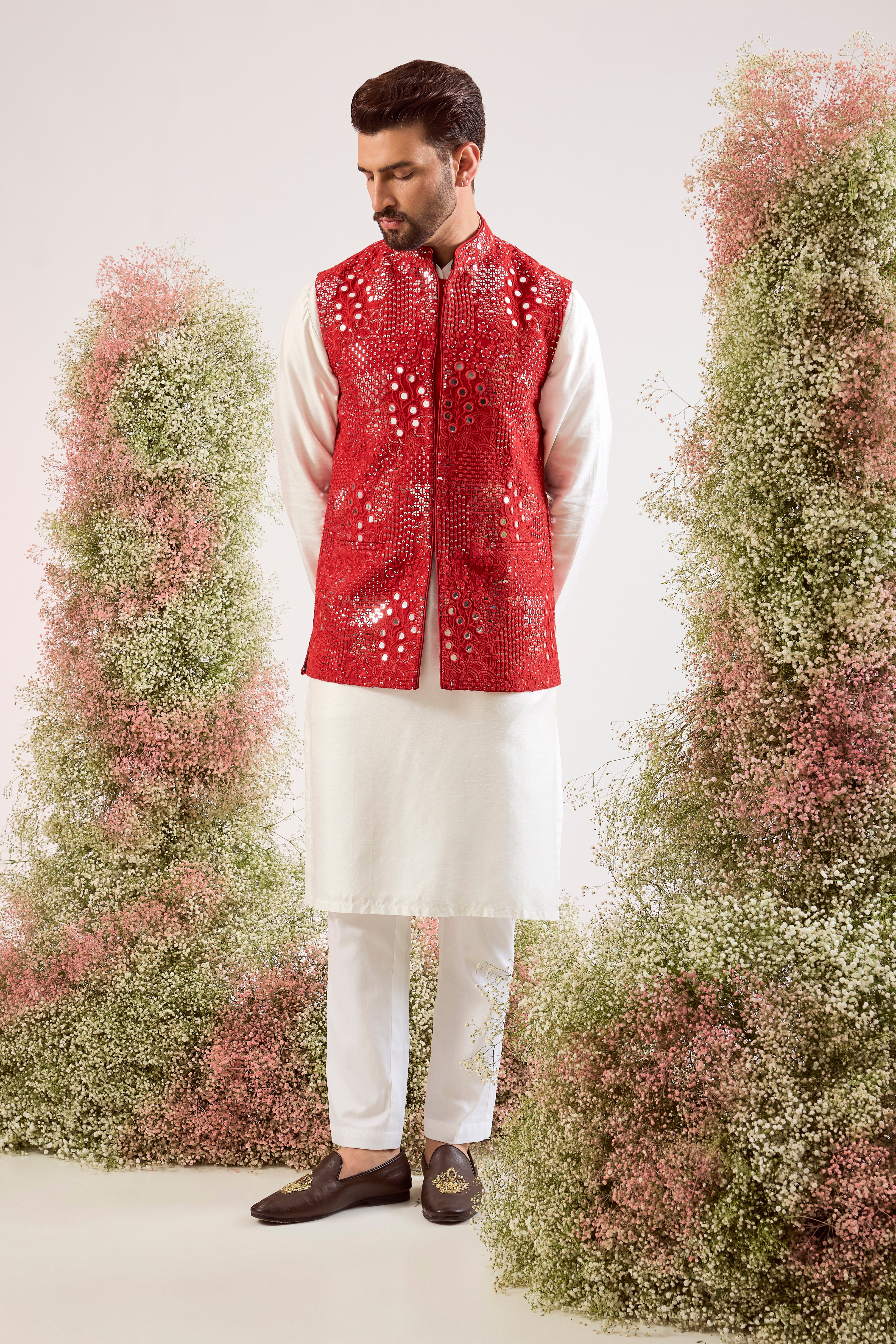 Bright red  mirror work nehru jacket