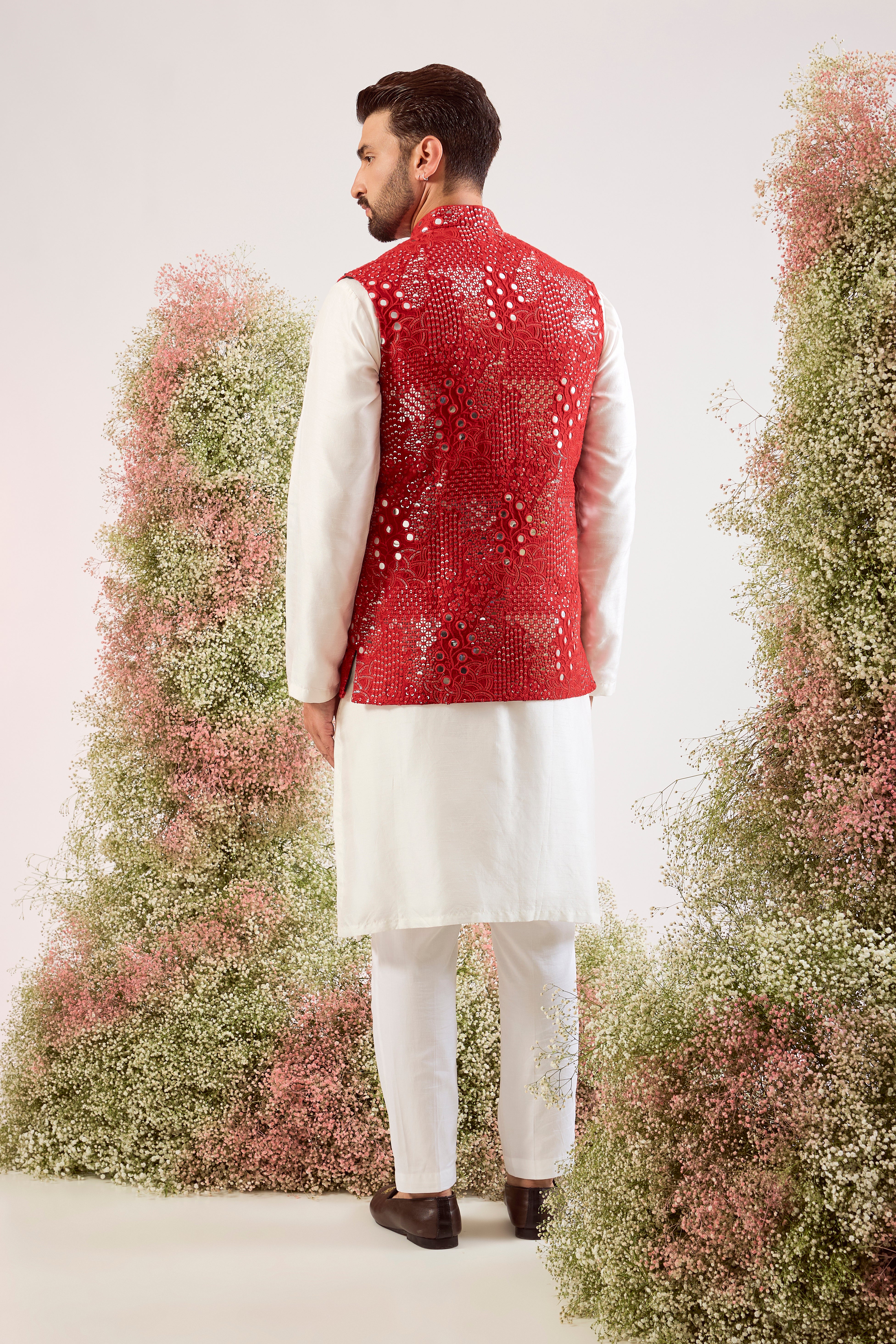 Bright red  mirror work nehru jacket