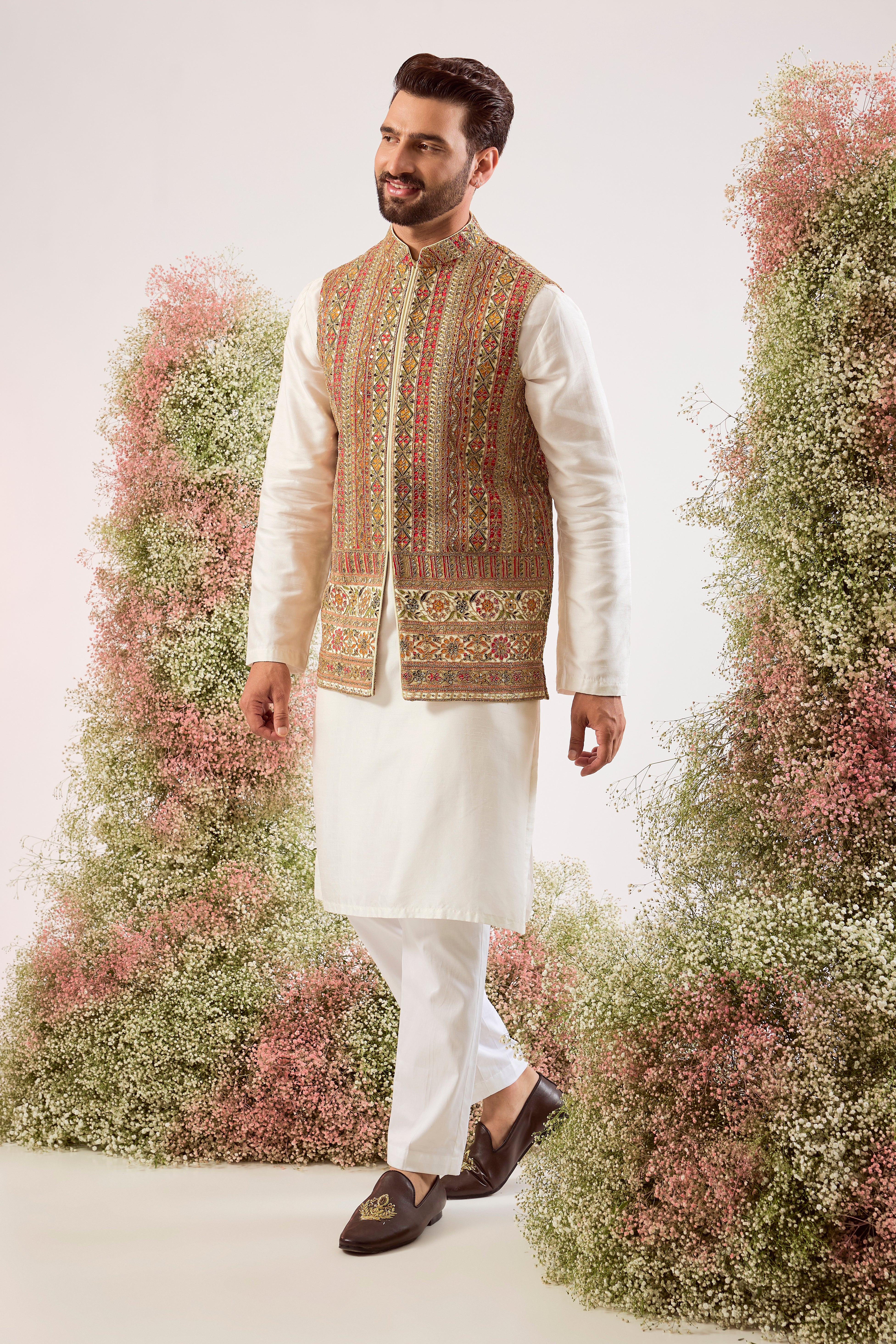 ivory/multi coloured nehru jacket with intricate zari work
