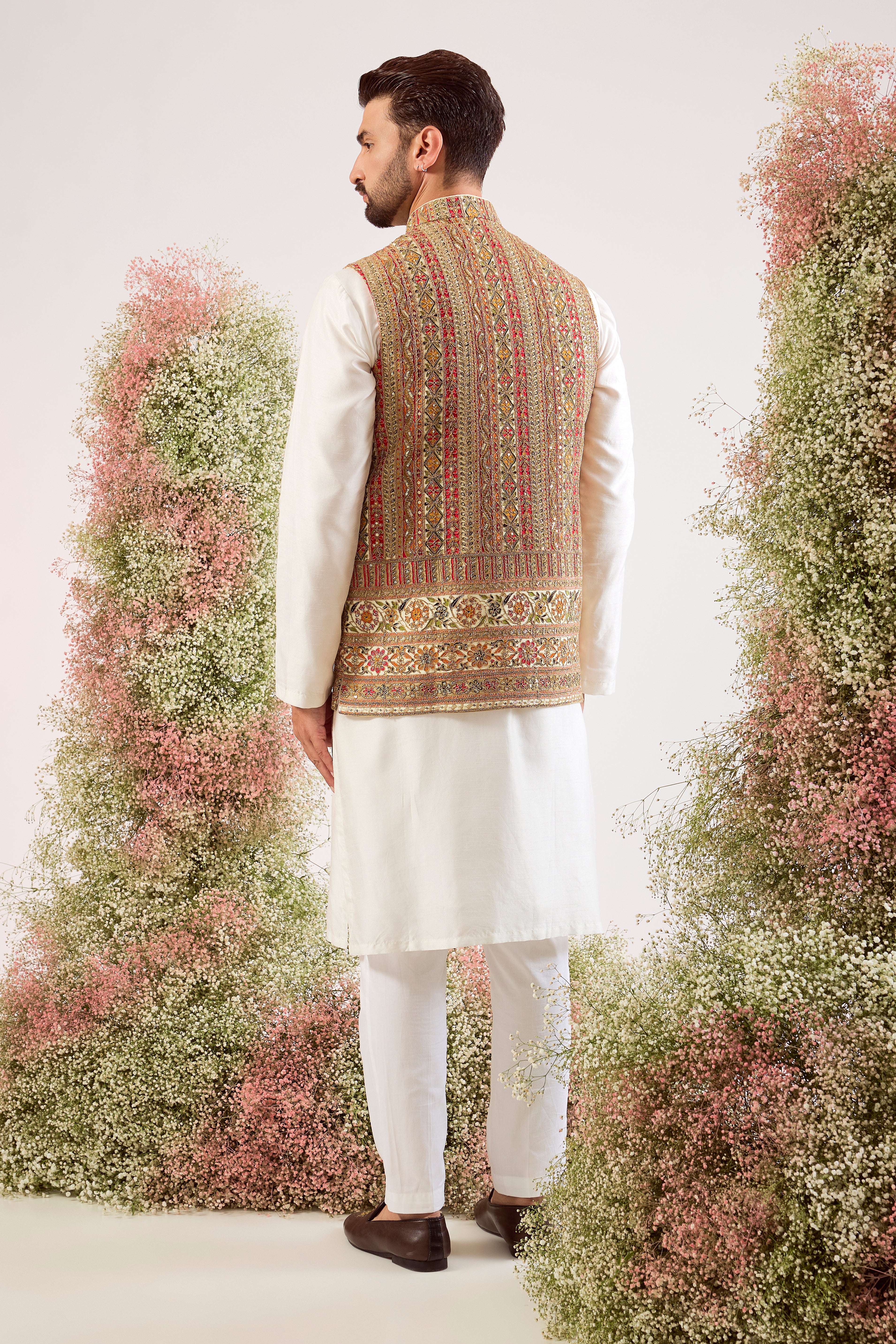 ivory/multi coloured nehru jacket with intricate zari work
