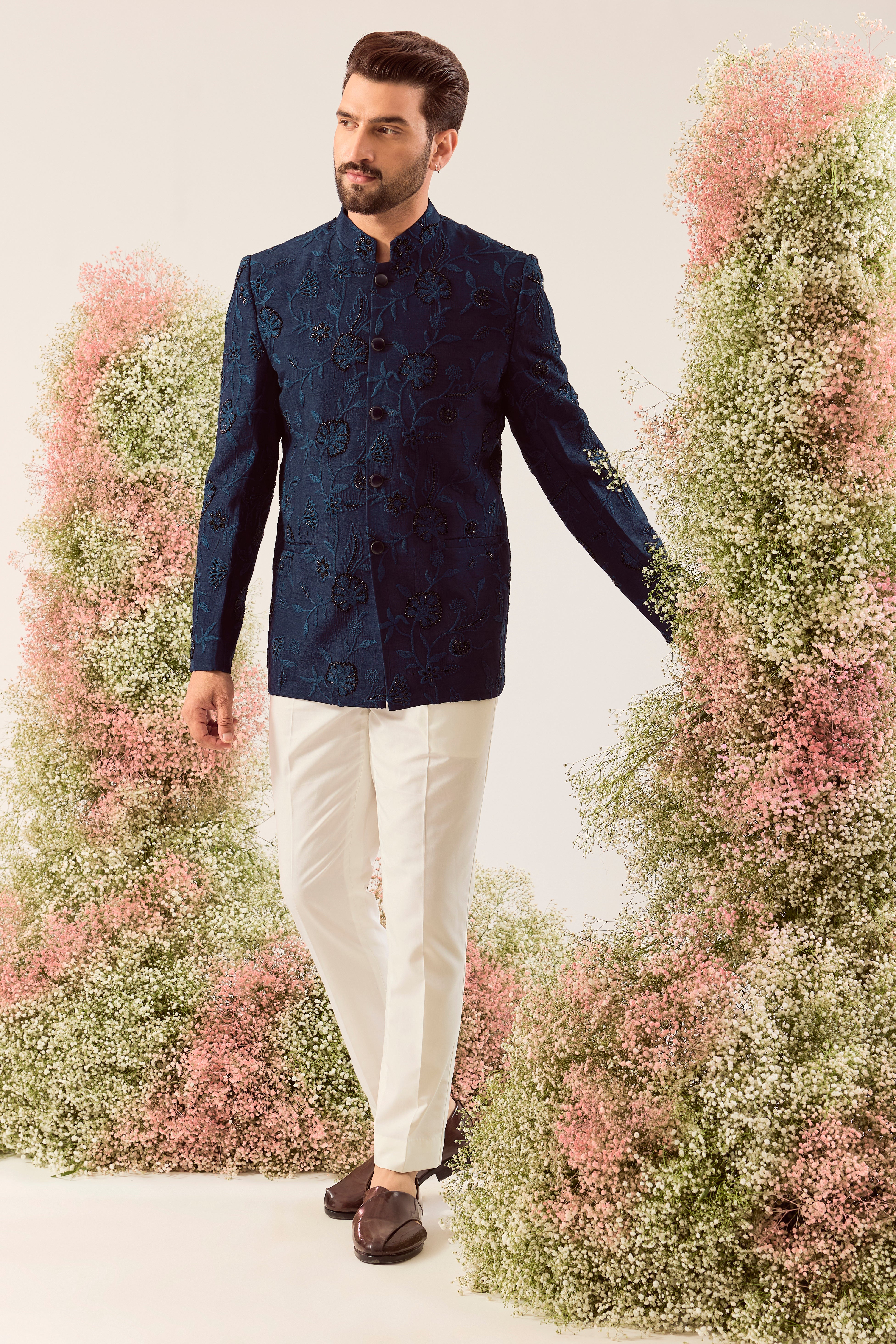 navy blue bandgala with intricate cut dana and floral embroidery