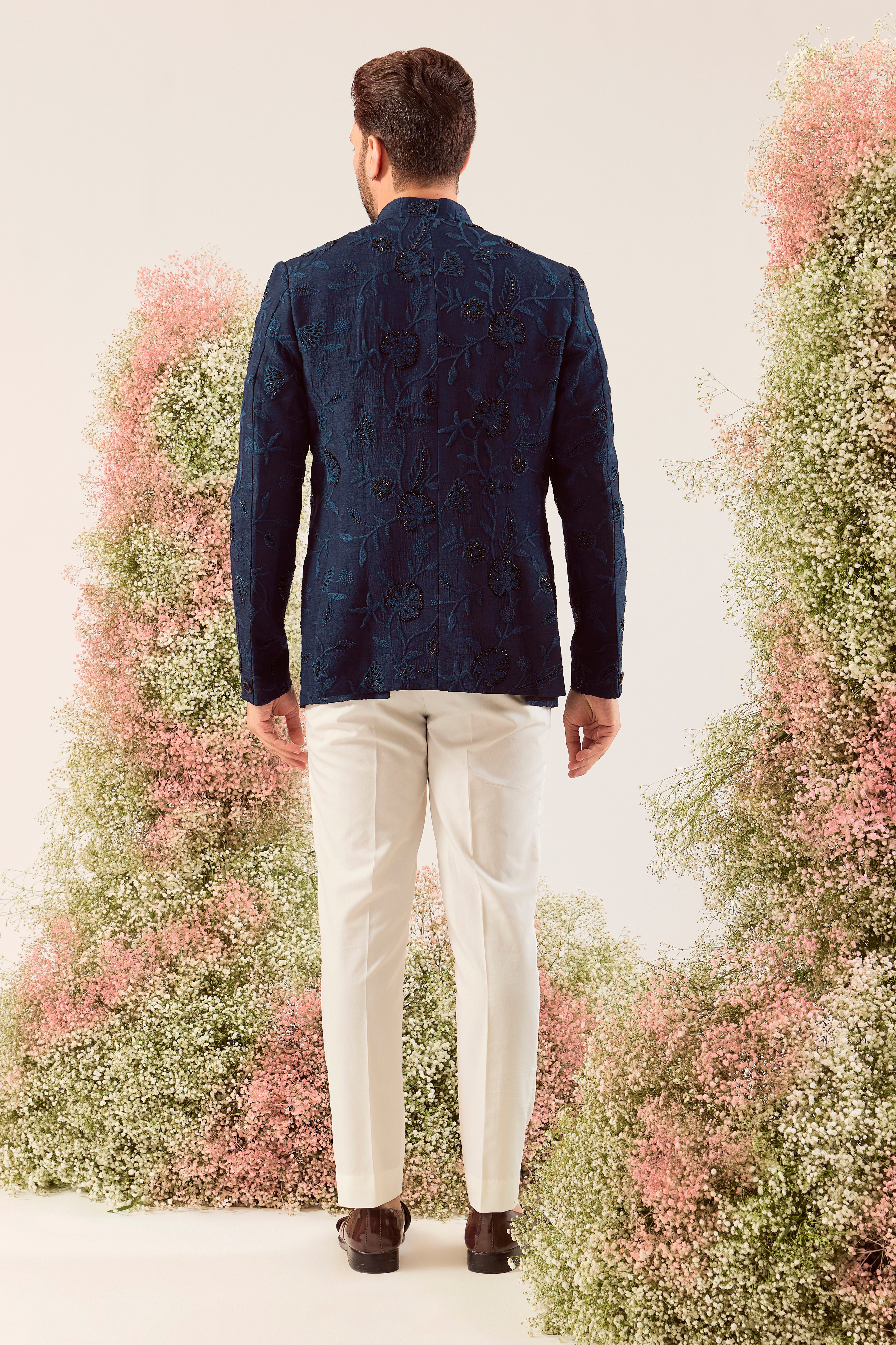 navy blue bandgala with intricate cut dana and floral embroidery