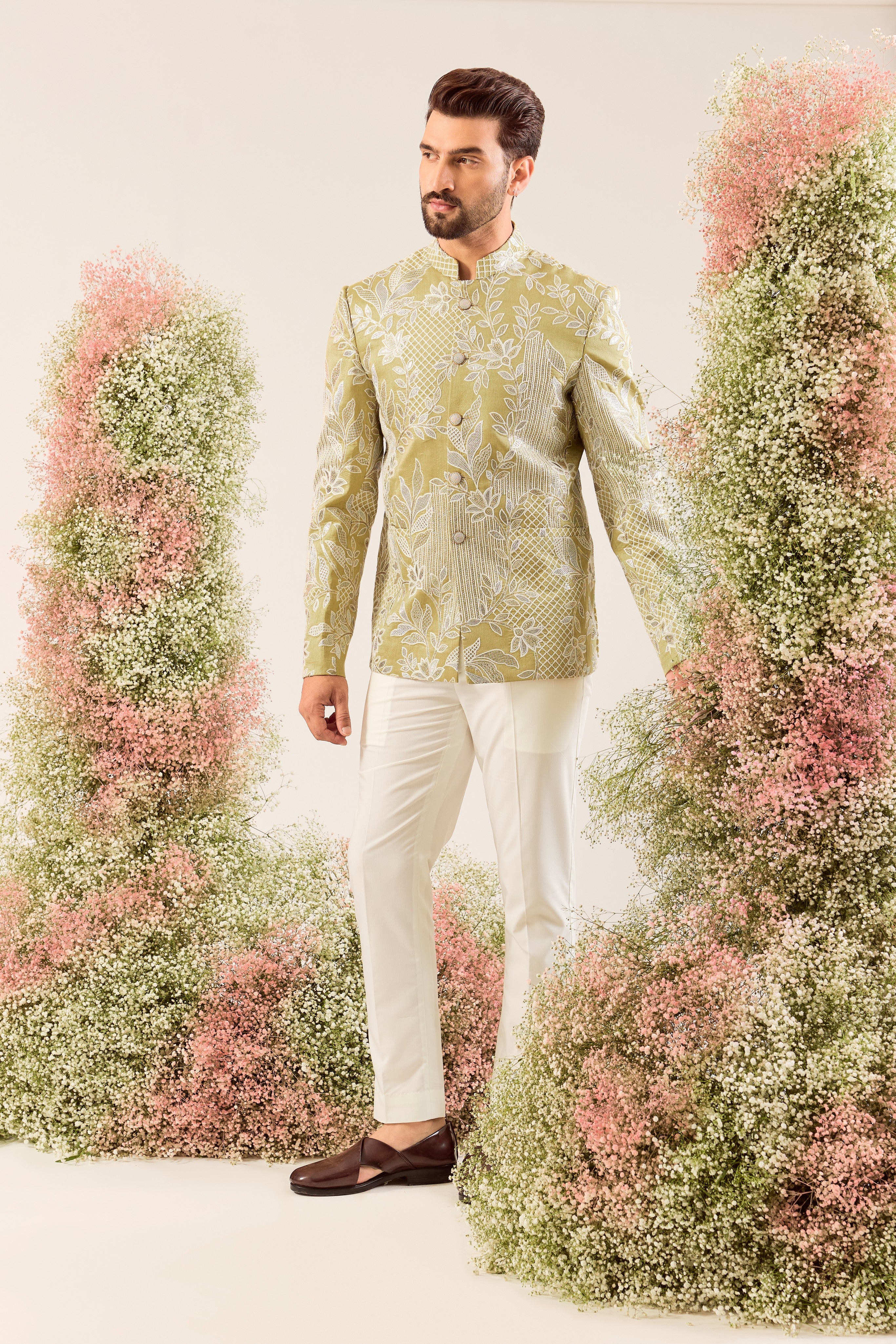sage green floral embroidered bandgala