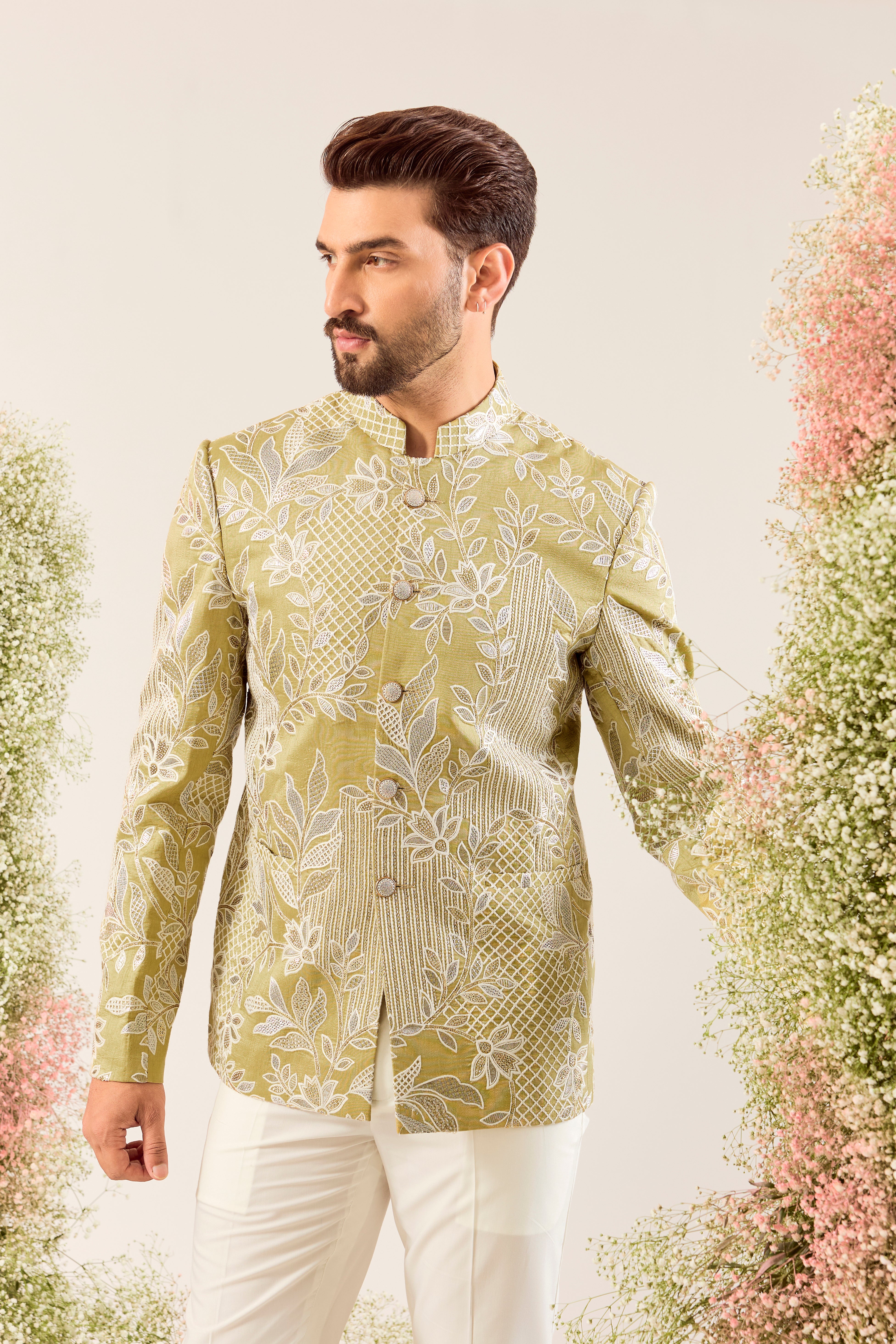 sage green floral embroidered bandgala