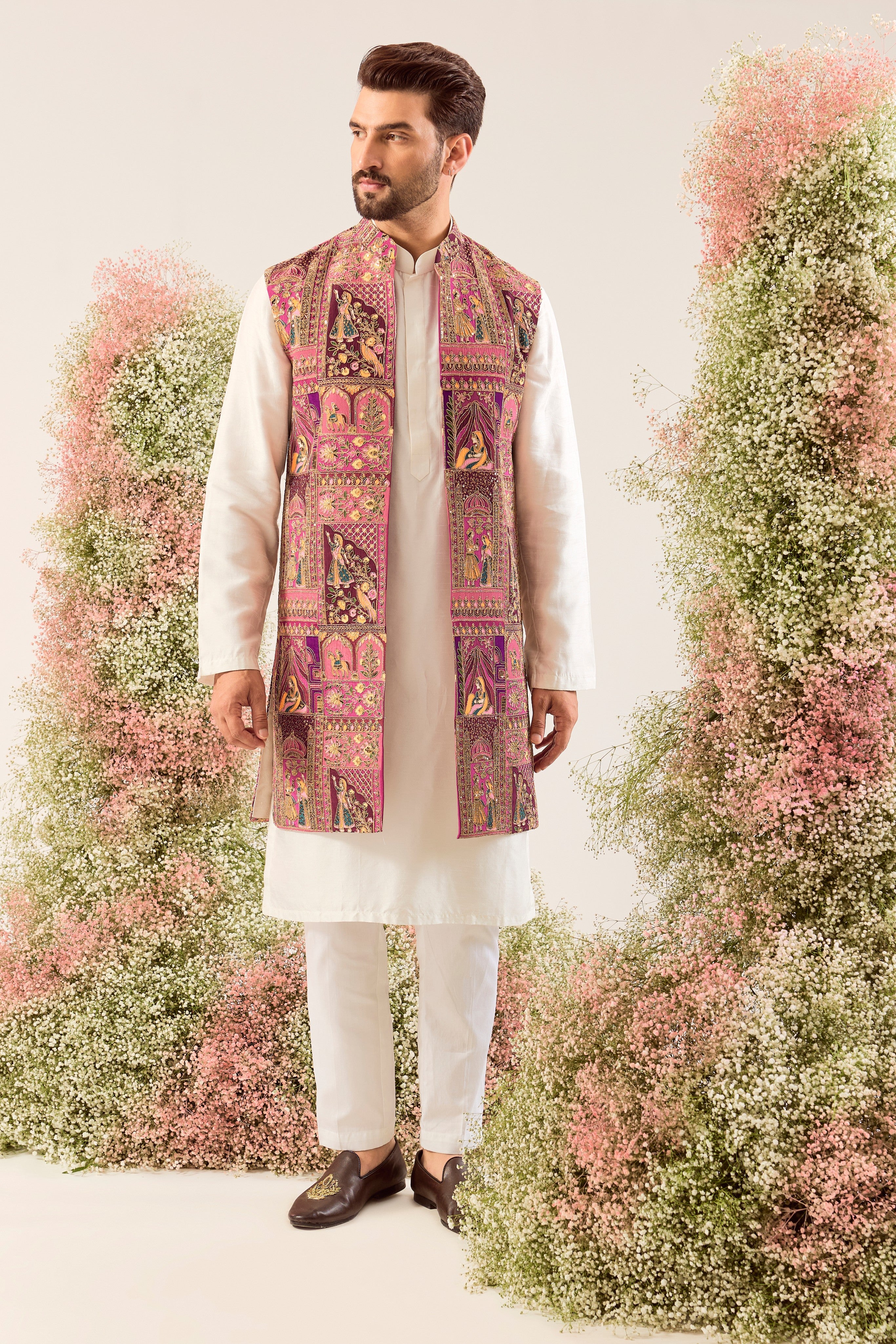 purple royal heritage long ooen jacket with mughal figures