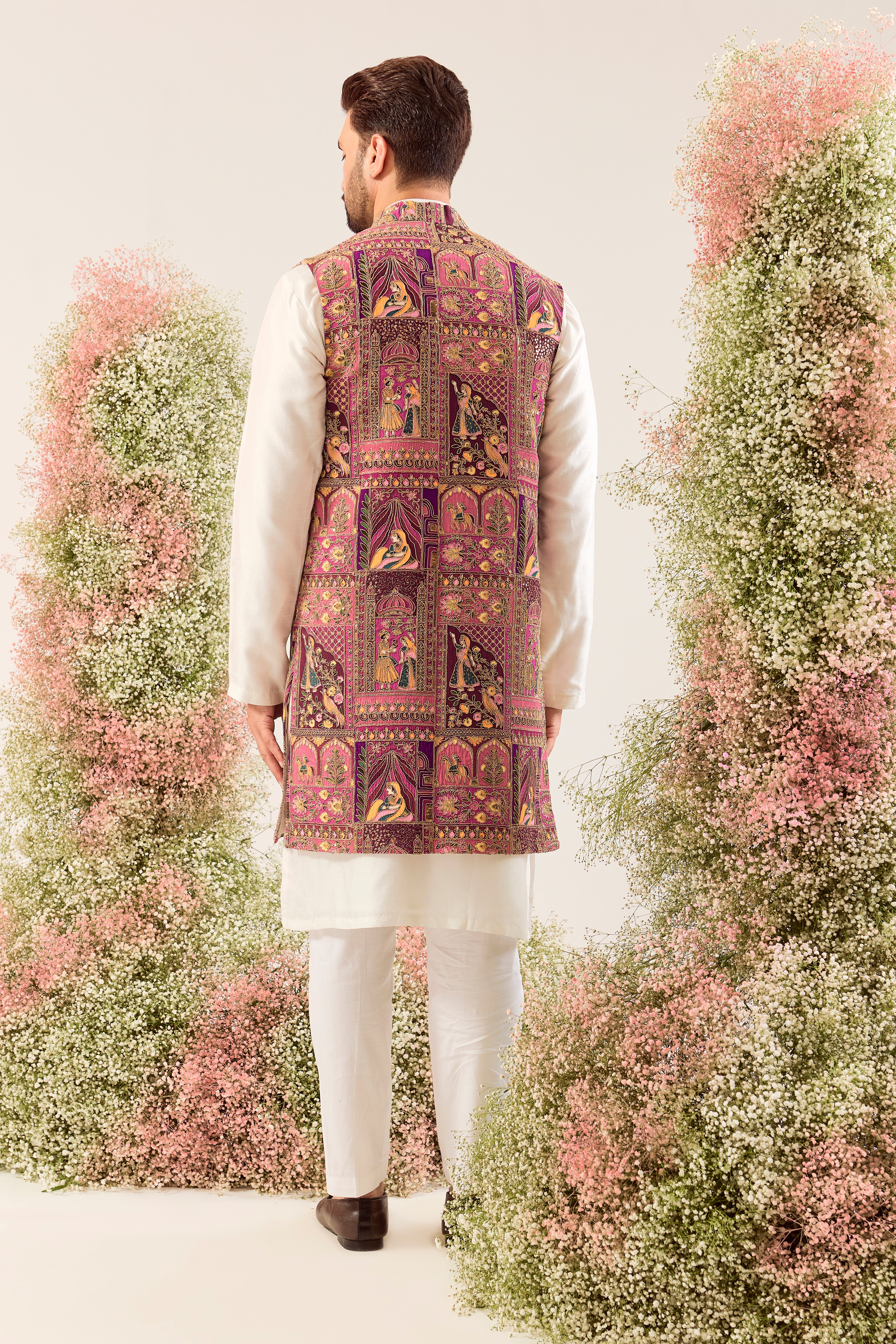 purple royal heritage long ooen jacket with mughal figures