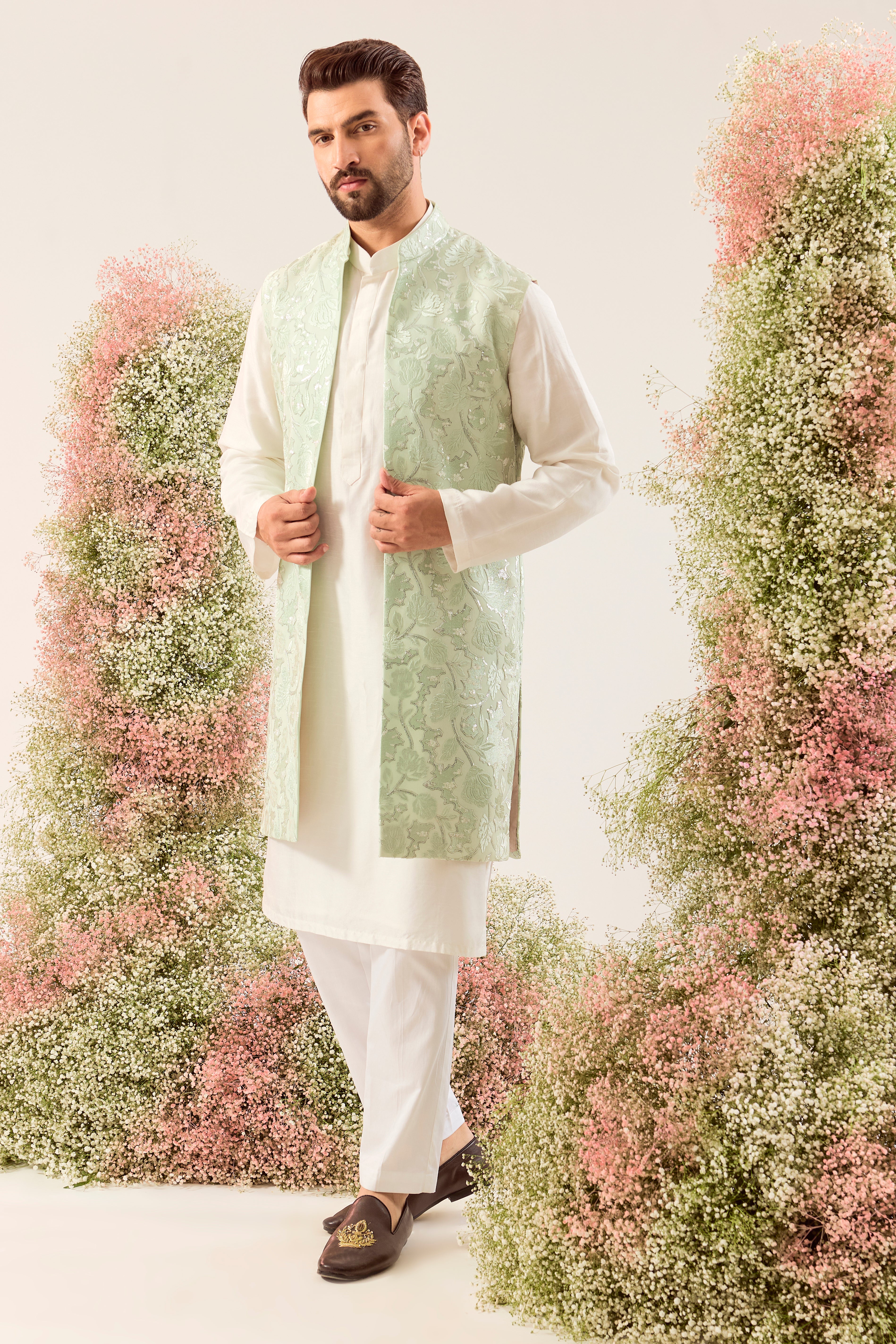 sage green floral embroidered  long open jacket with intricate sequin work