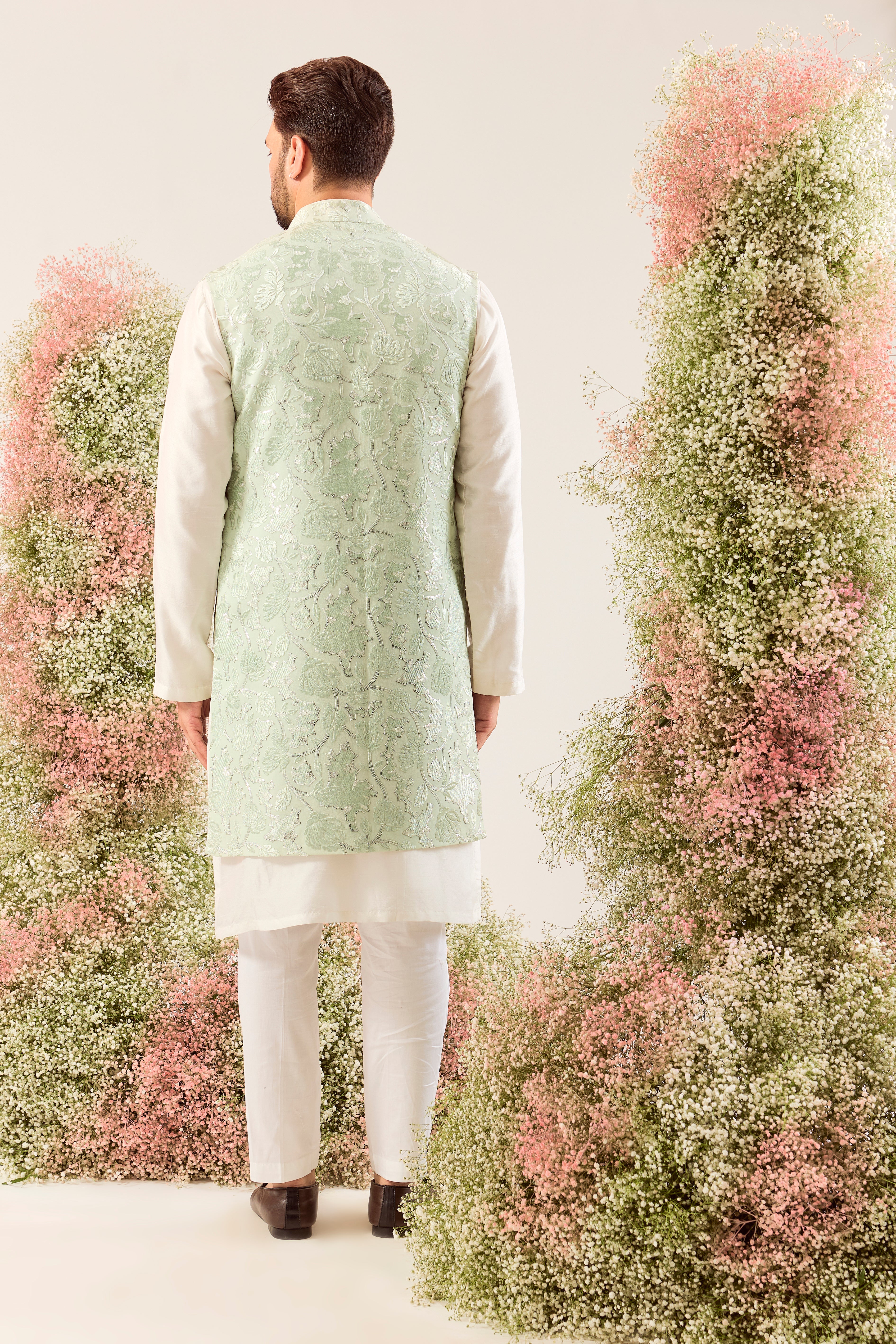 sage green floral embroidered  long open jacket with intricate sequin work