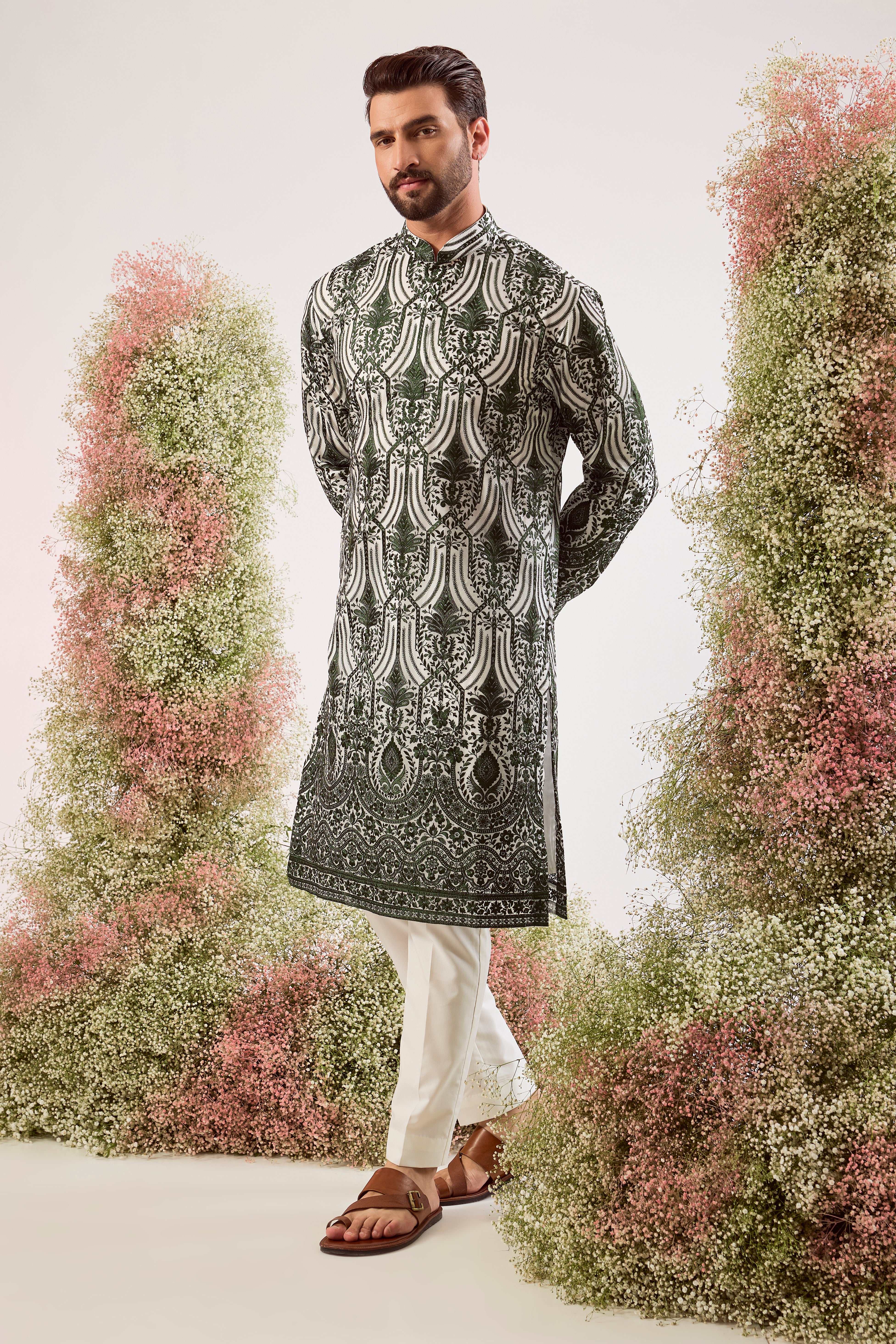 emerald green chikankari kurta on organza