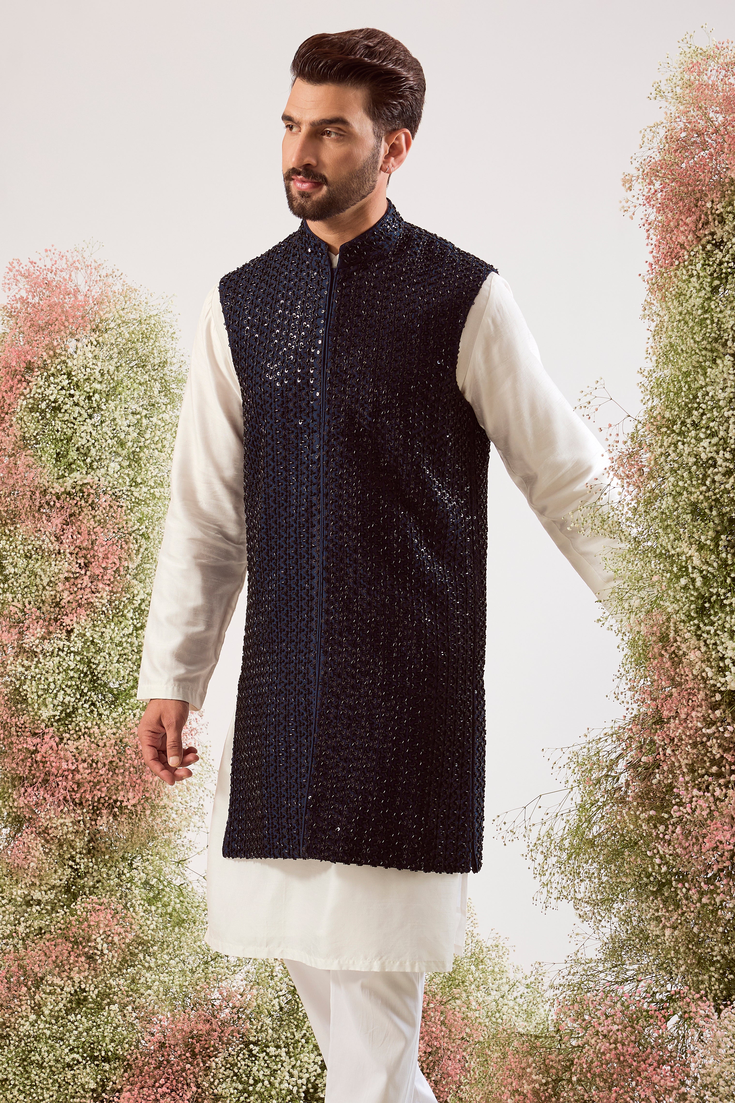 navy blue long jacket with heavy cut dana work