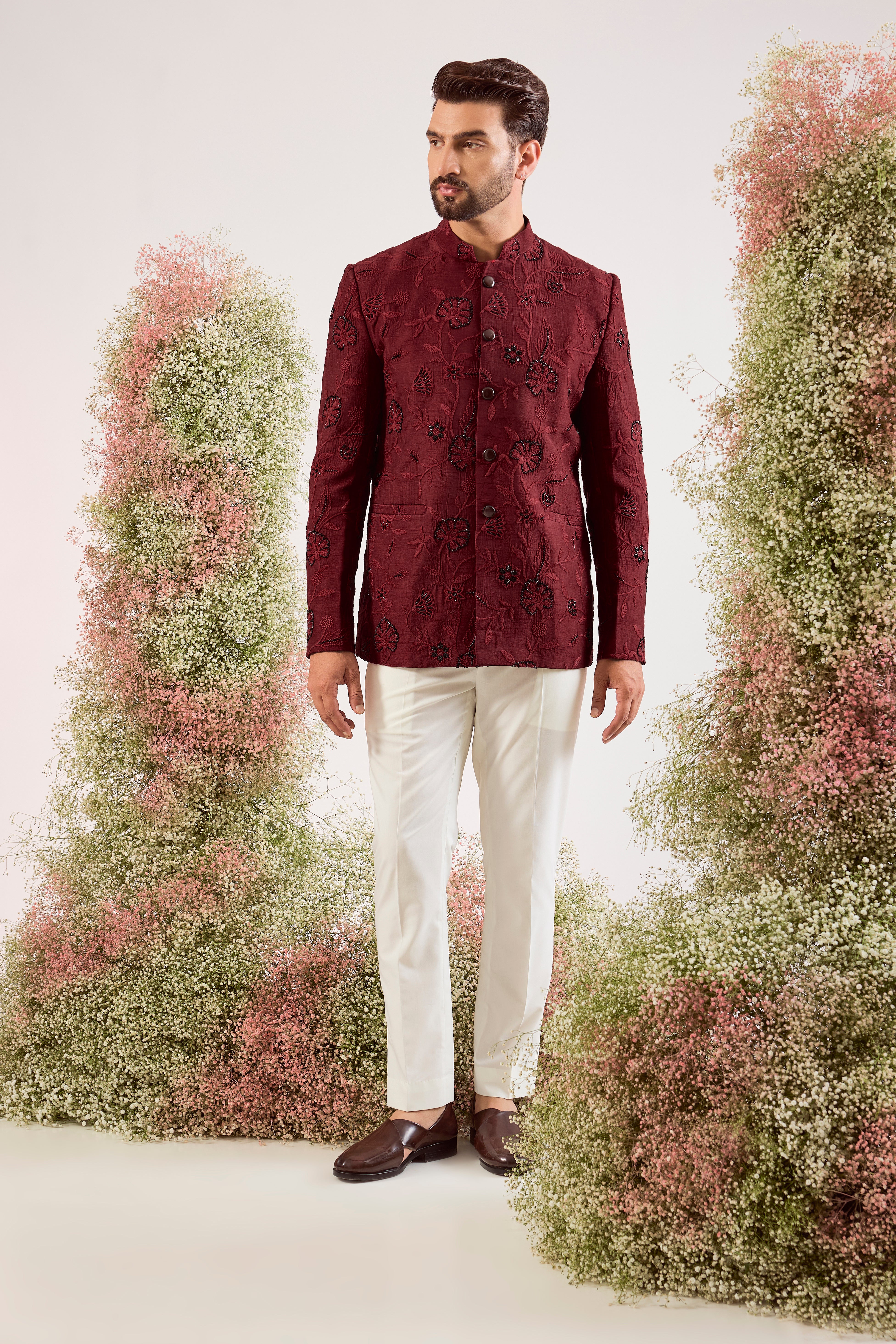maroon bandgala with delicate cut dana and floral embroidery