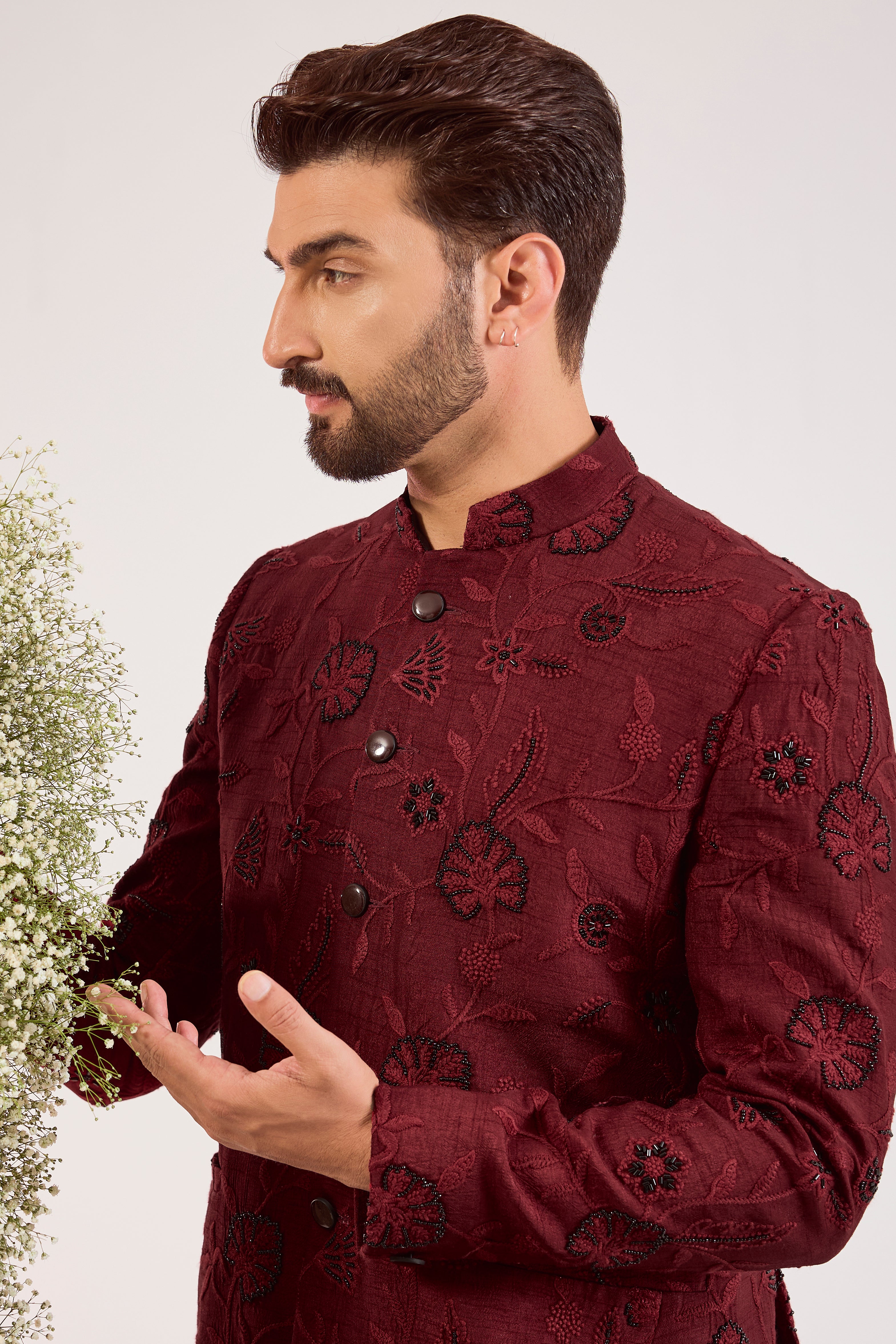 maroon bandgala with delicate cut dana and floral embroidery