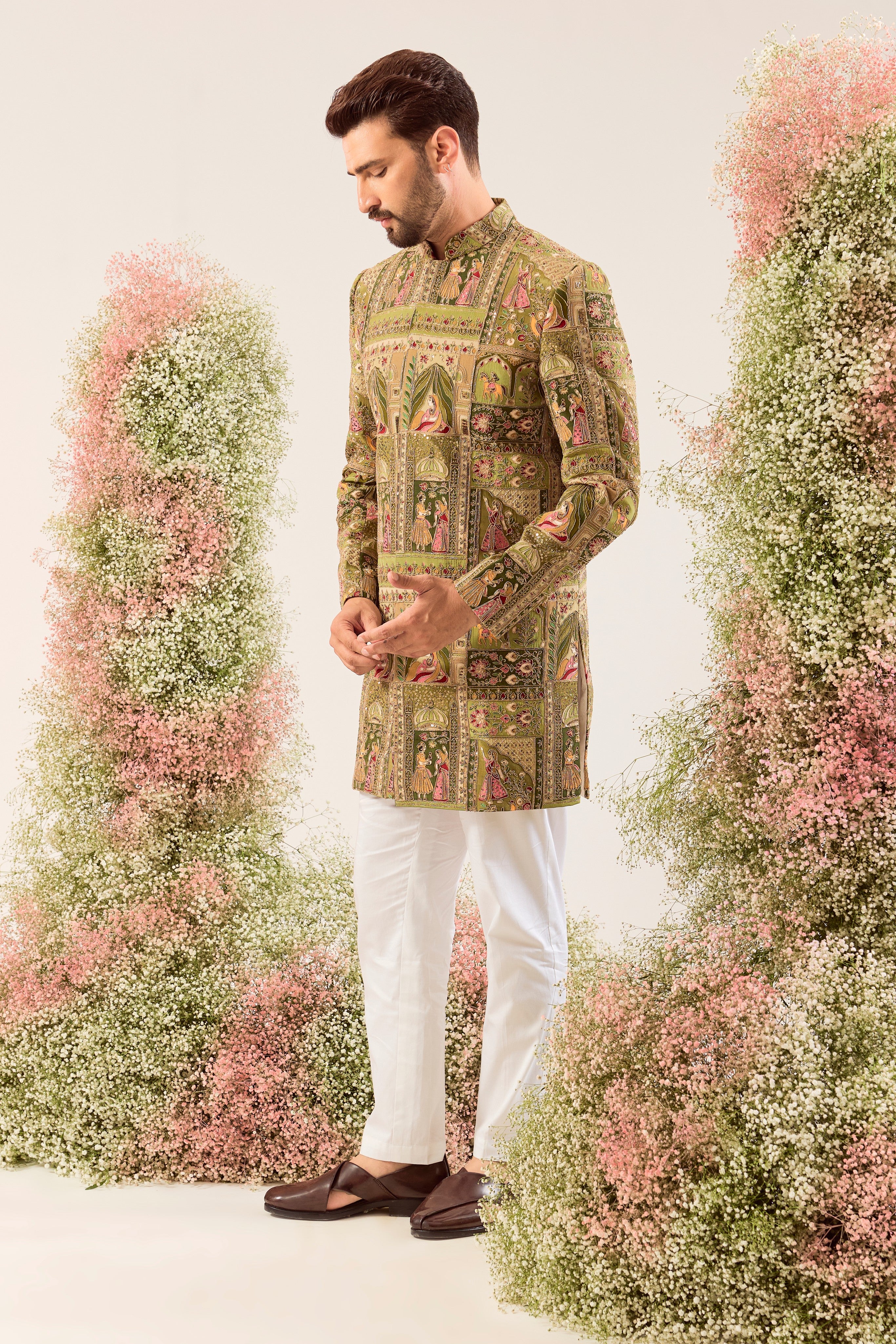 green royal heritage short indowestern with detailed mughal figures