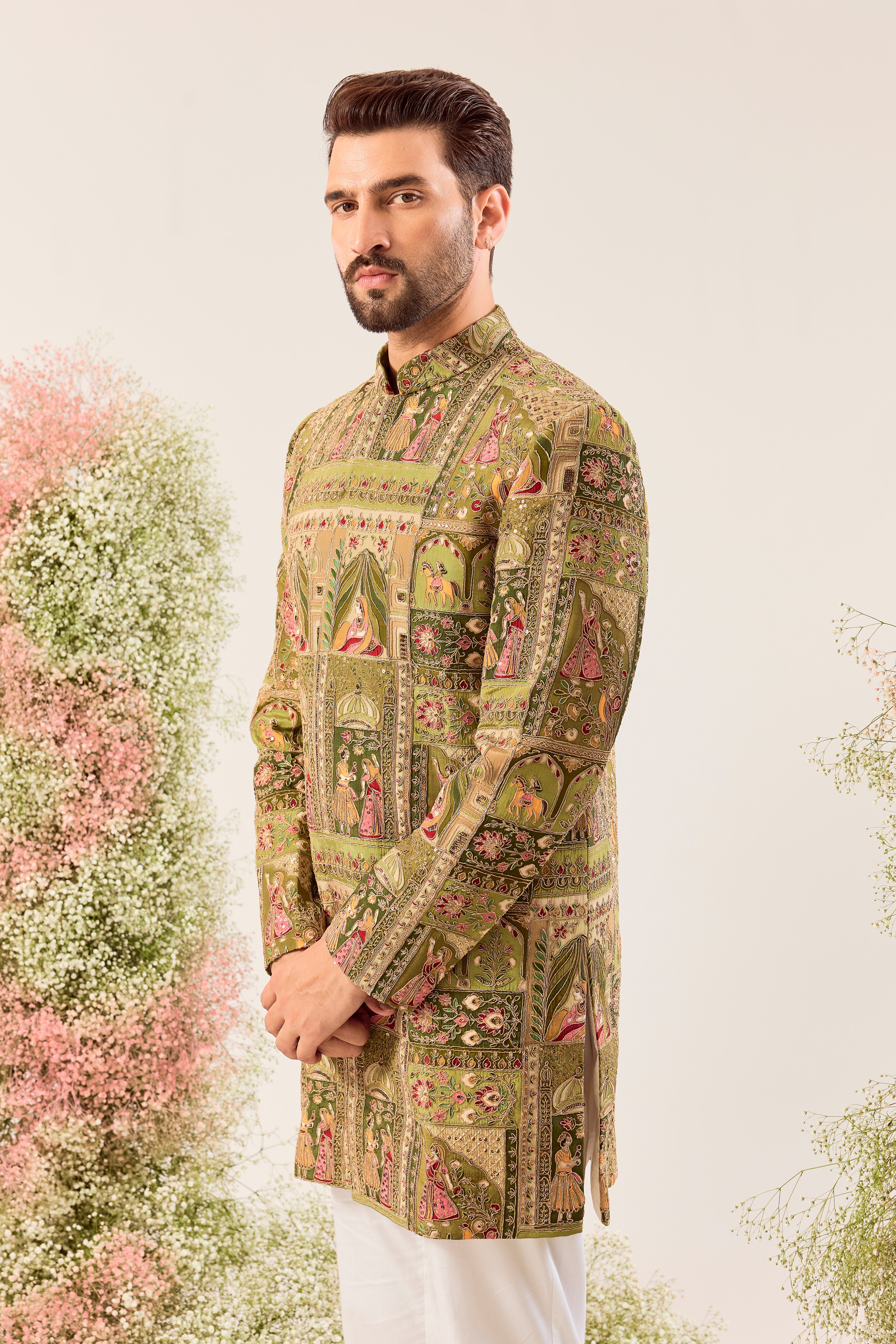 green royal heritage short indowestern with detailed mughal figures