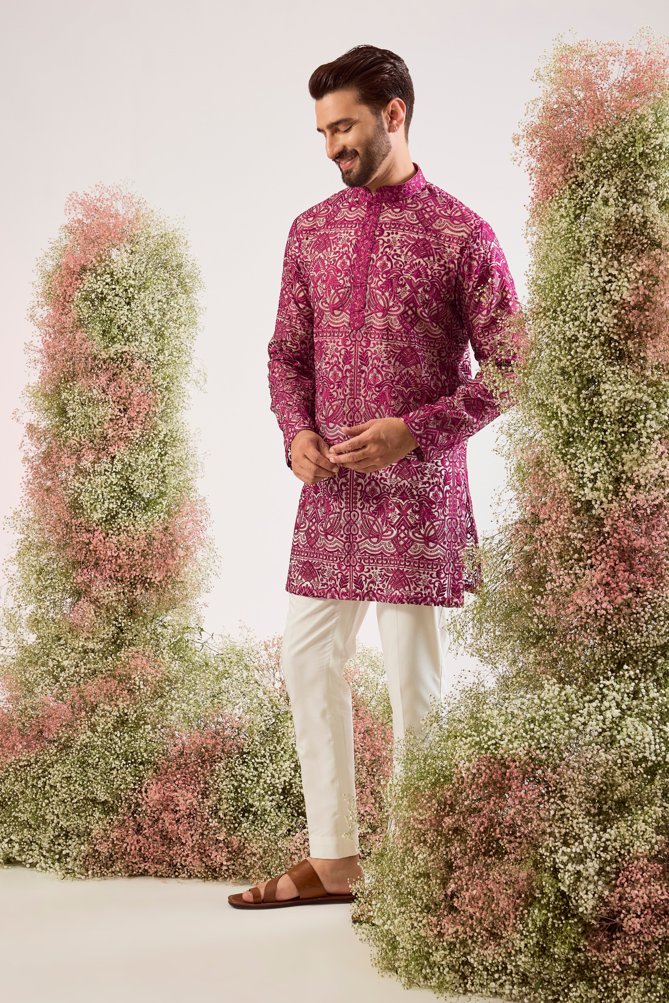 radiate elegance in this magenta open front see through short kurta