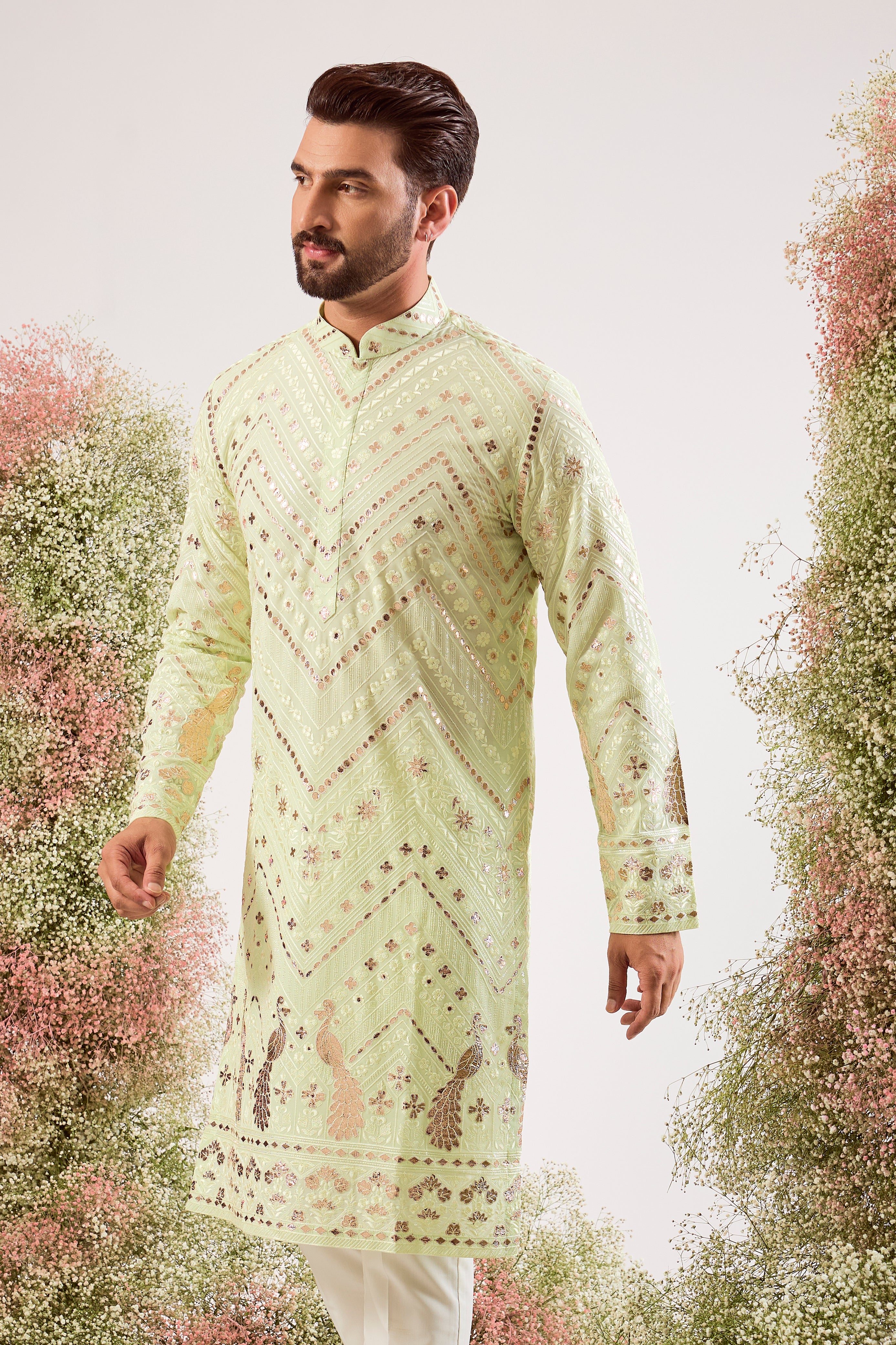 pastel green leather patchowk kurta with intricate peacock motifs