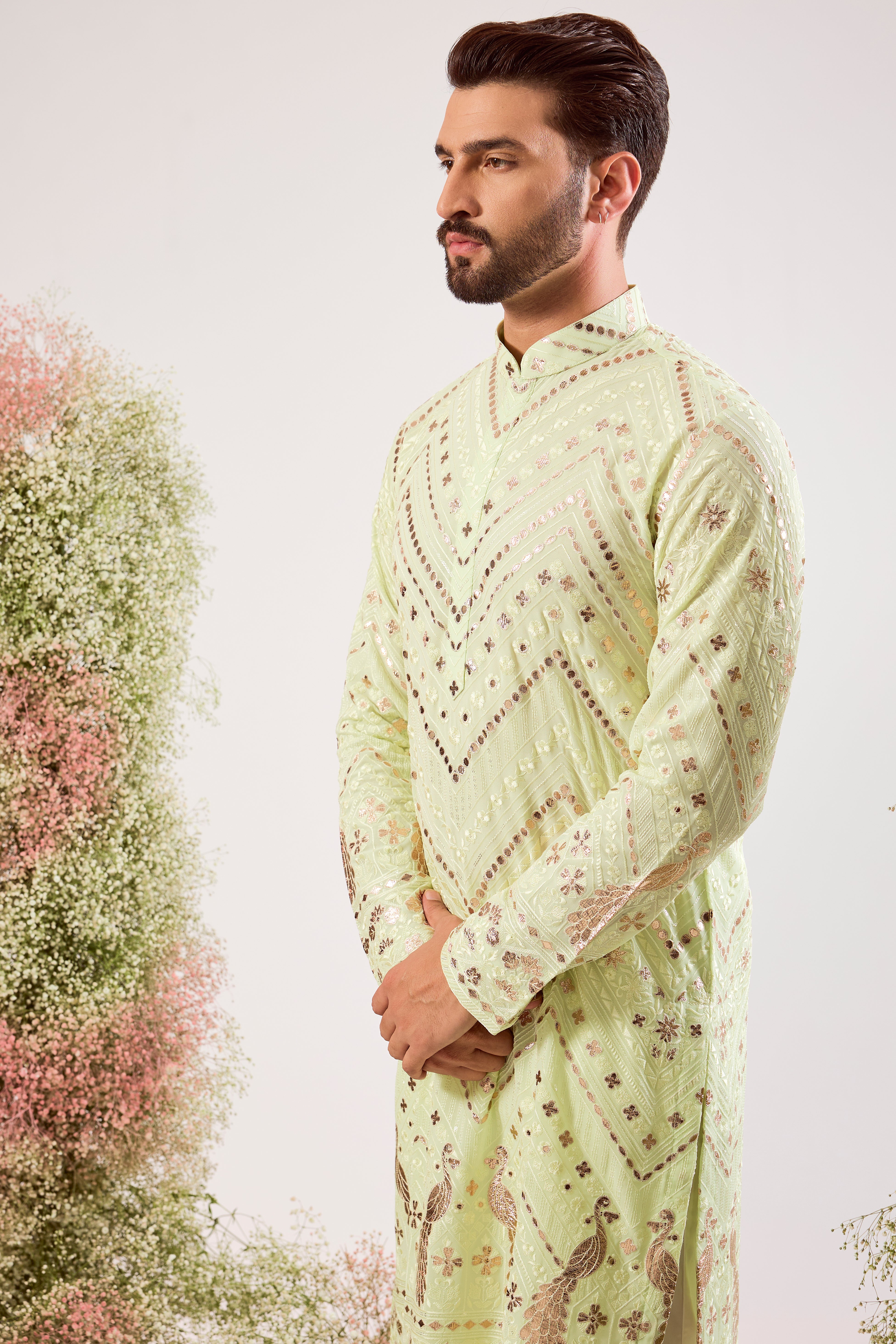 pastel green leather patchowk kurta with intricate peacock motifs