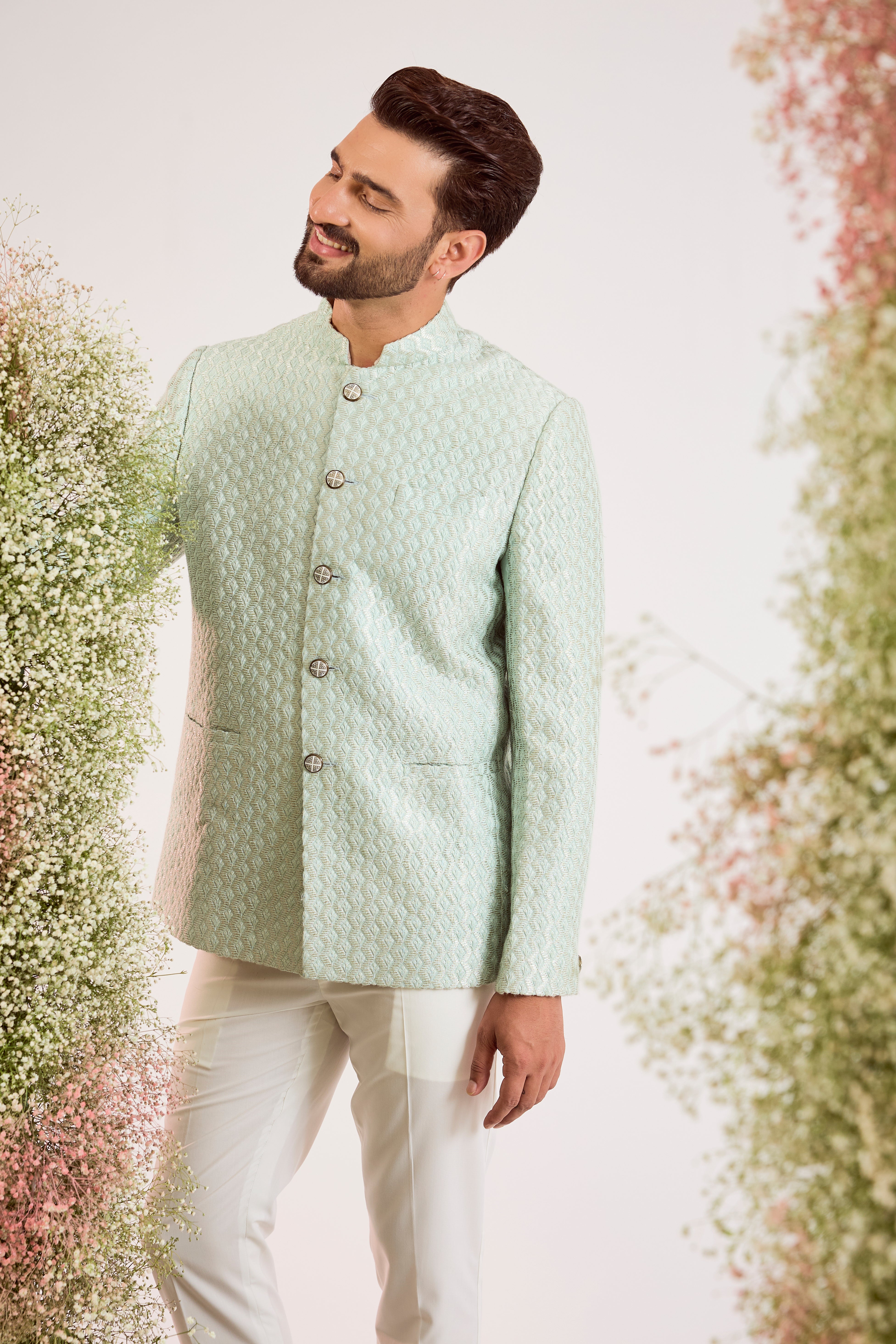 aqua short bandgala with intricate zari work