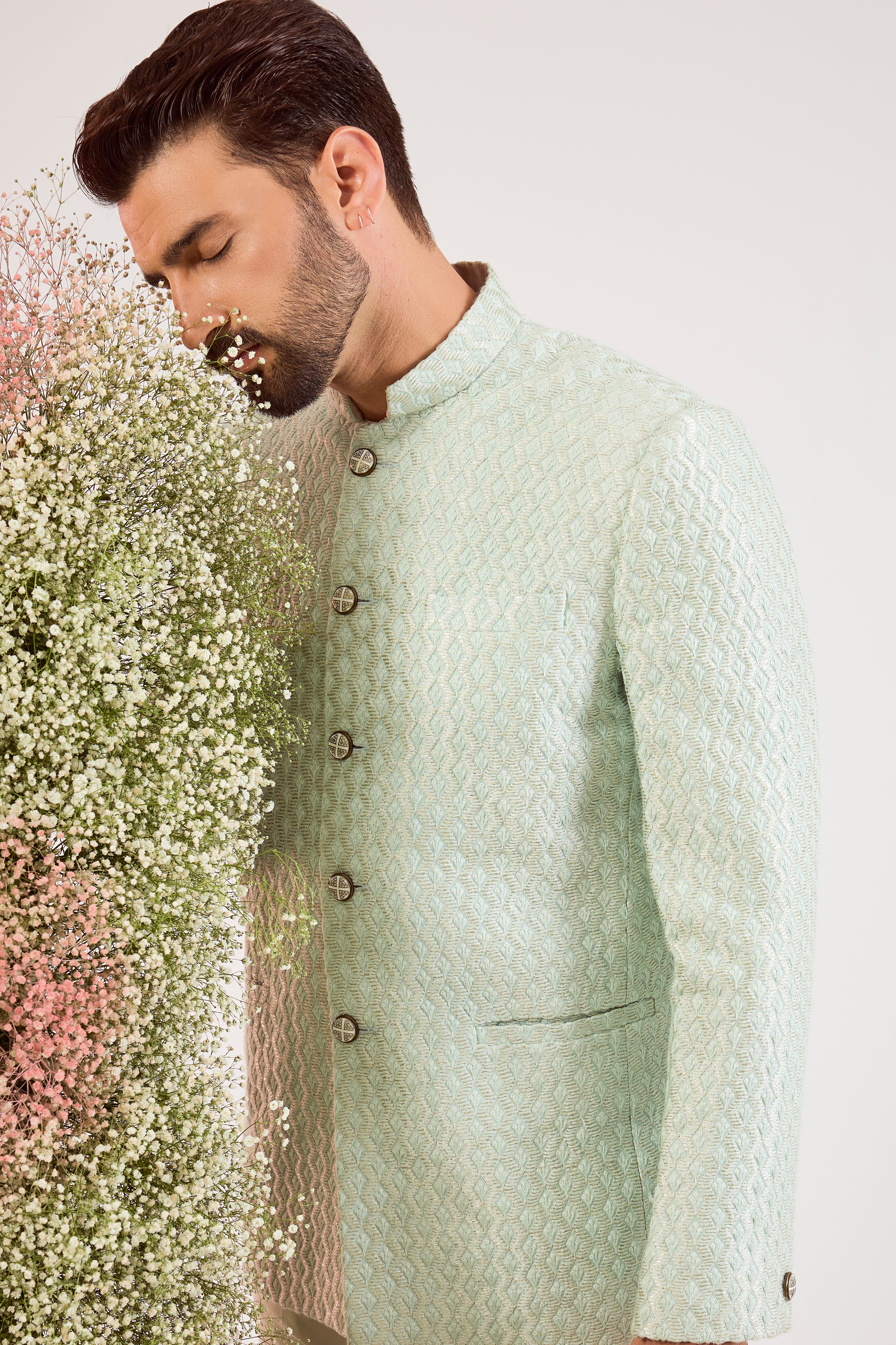 aqua short bandgala with intricate zari work
