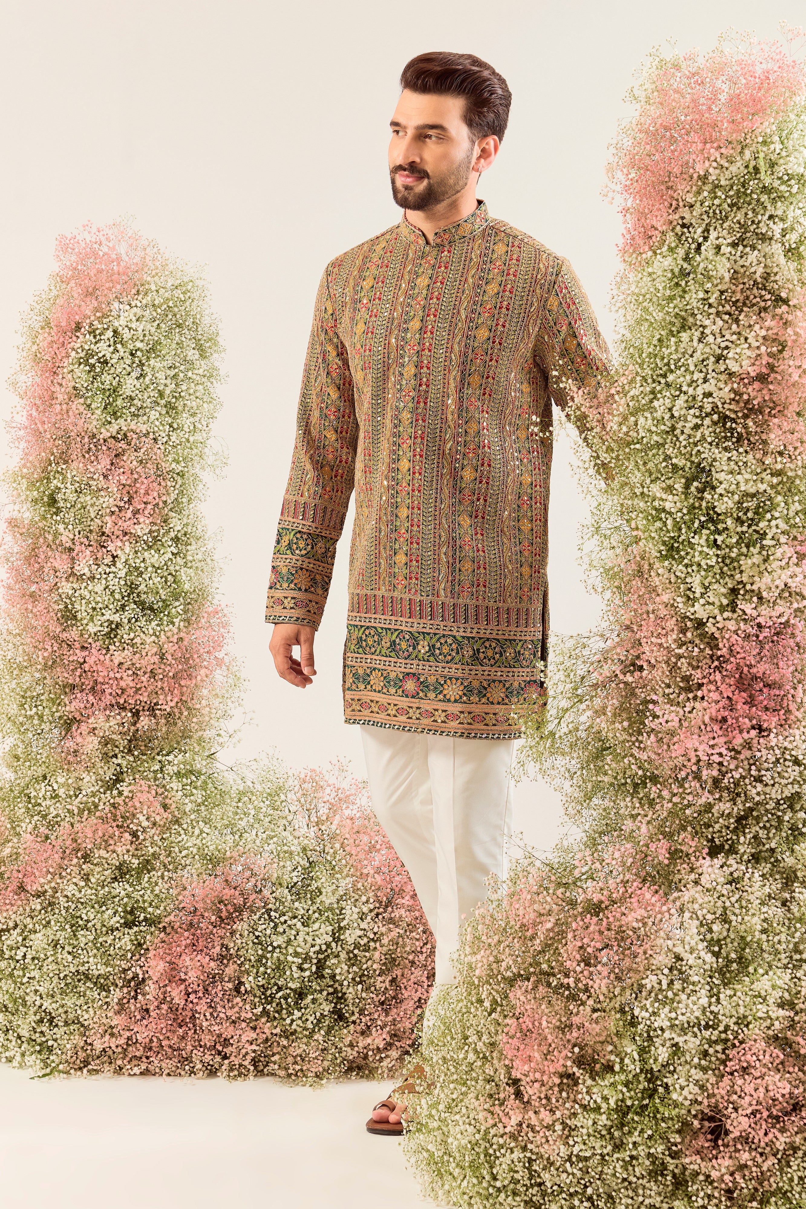 bottle green / multi coloured short kurta with heavy zari & sequin embroidery