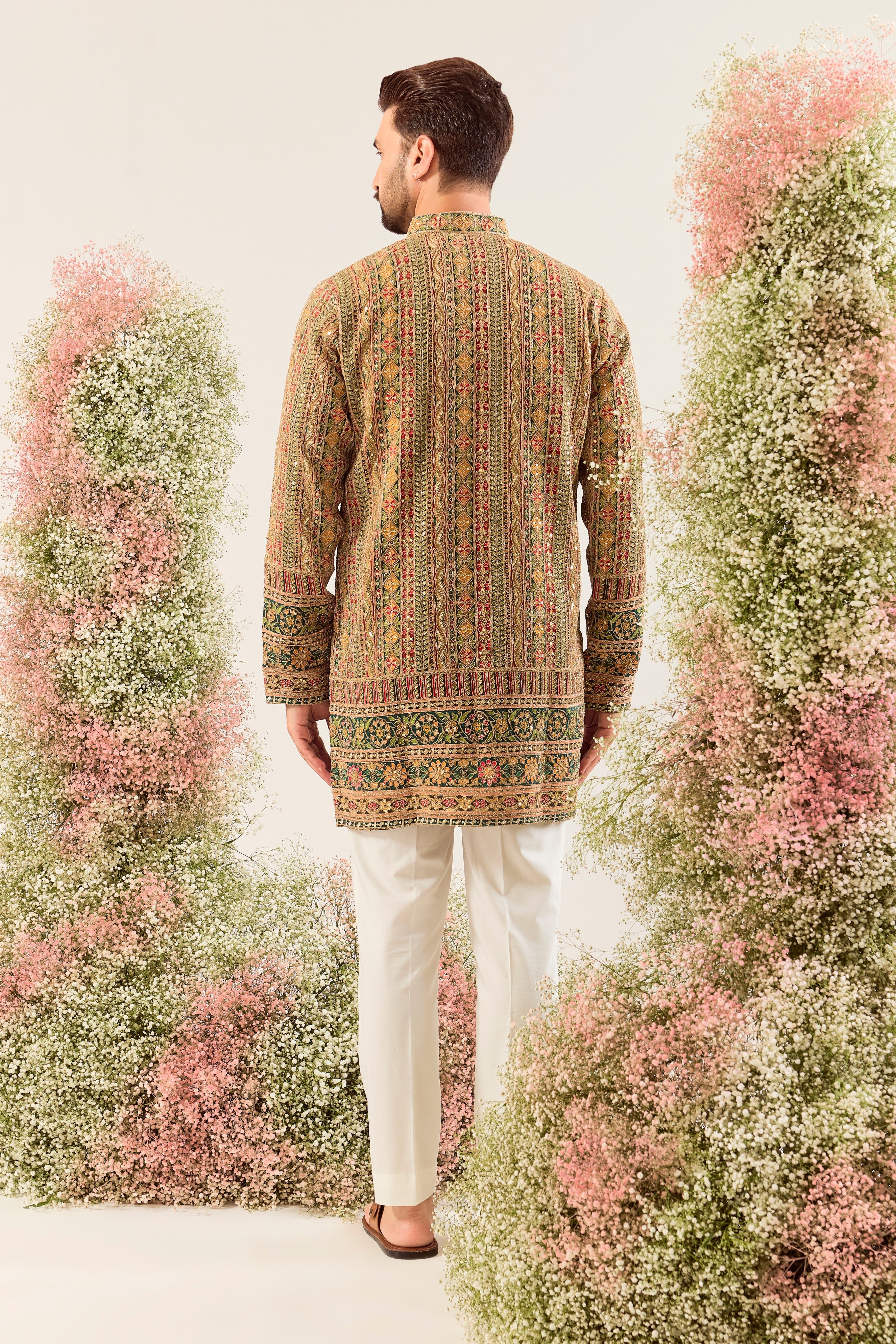 bottle green / multi coloured short kurta with heavy zari & sequin embroidery