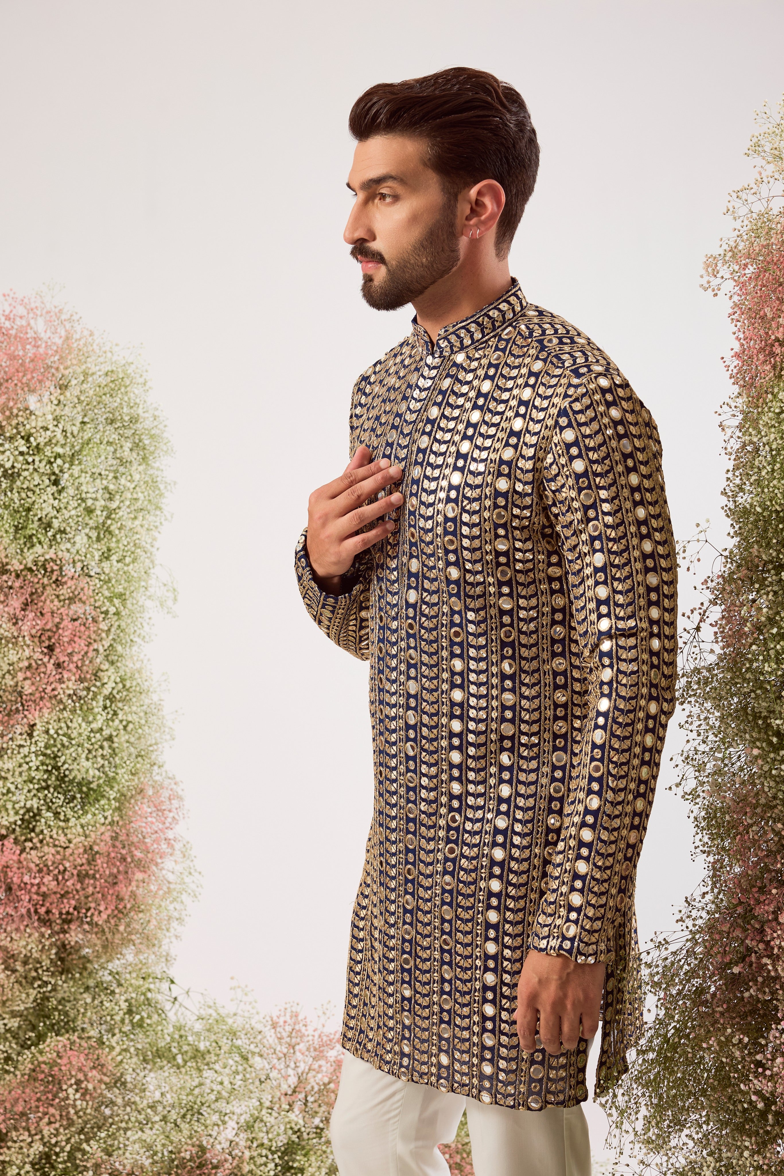 blue mirror work short kurta with zari work
