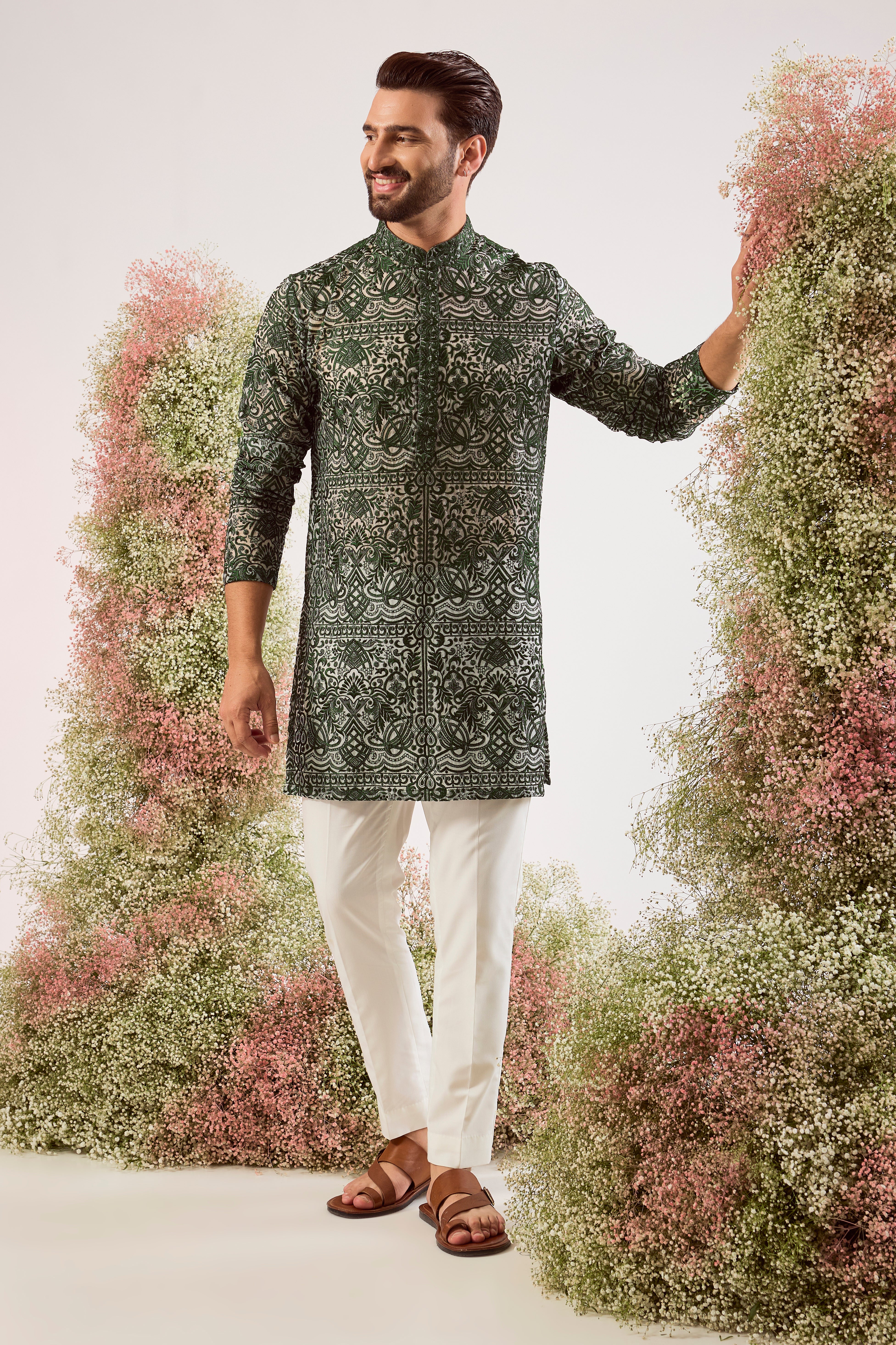 emerald green short chikankari kurta on organza