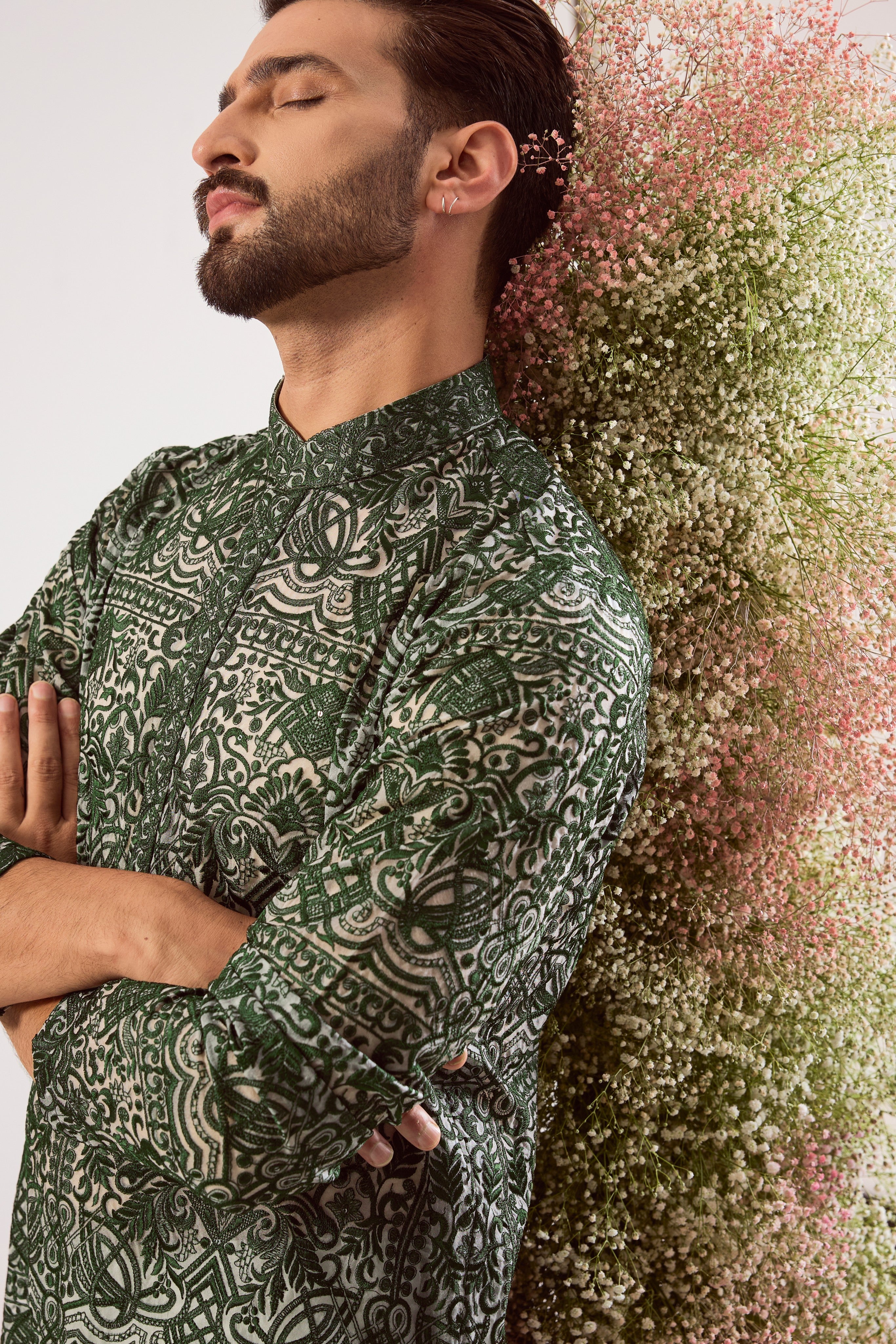 emerald green short chikankari kurta on organza
