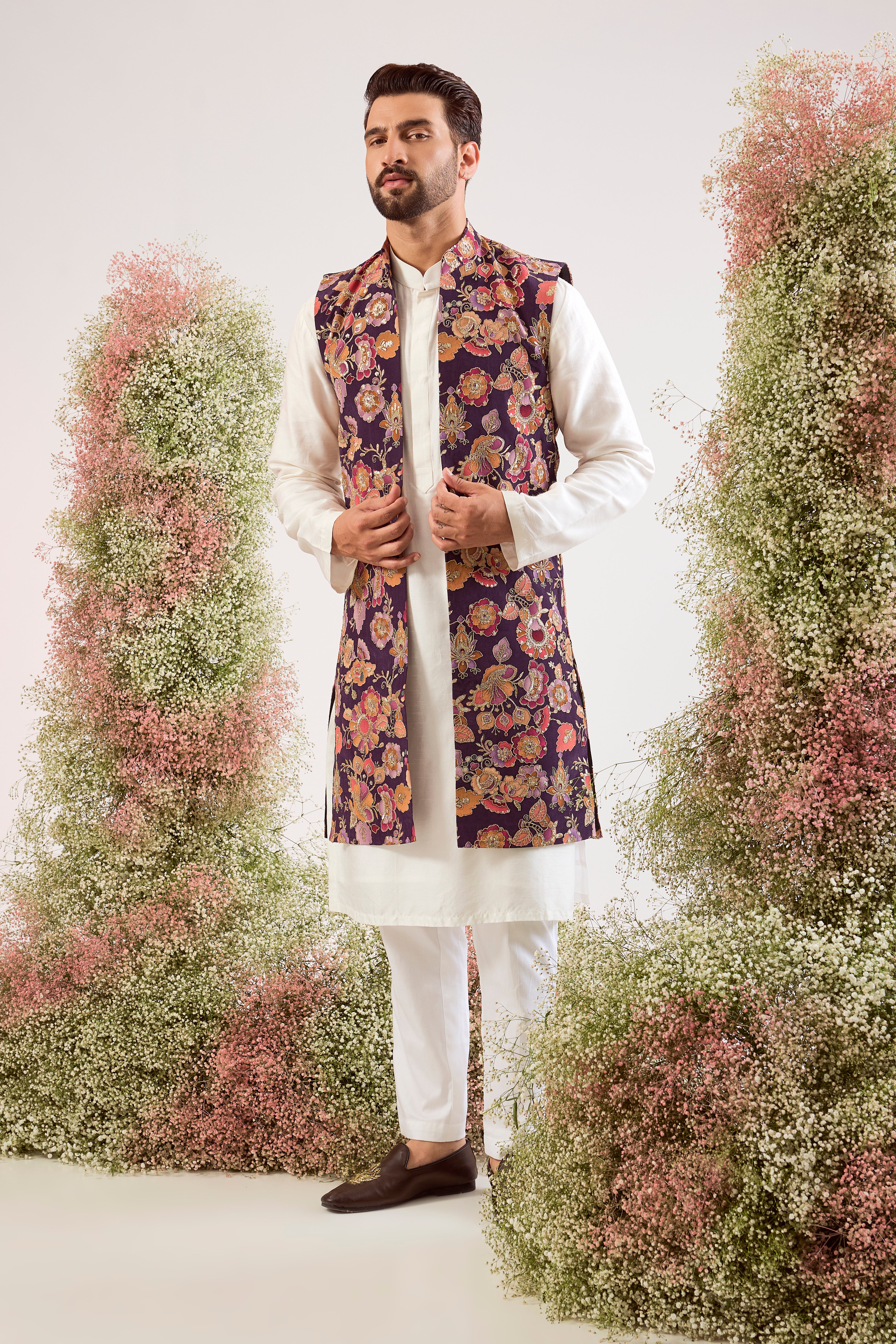 purple floral long open jacket with intricate zari and sequin work