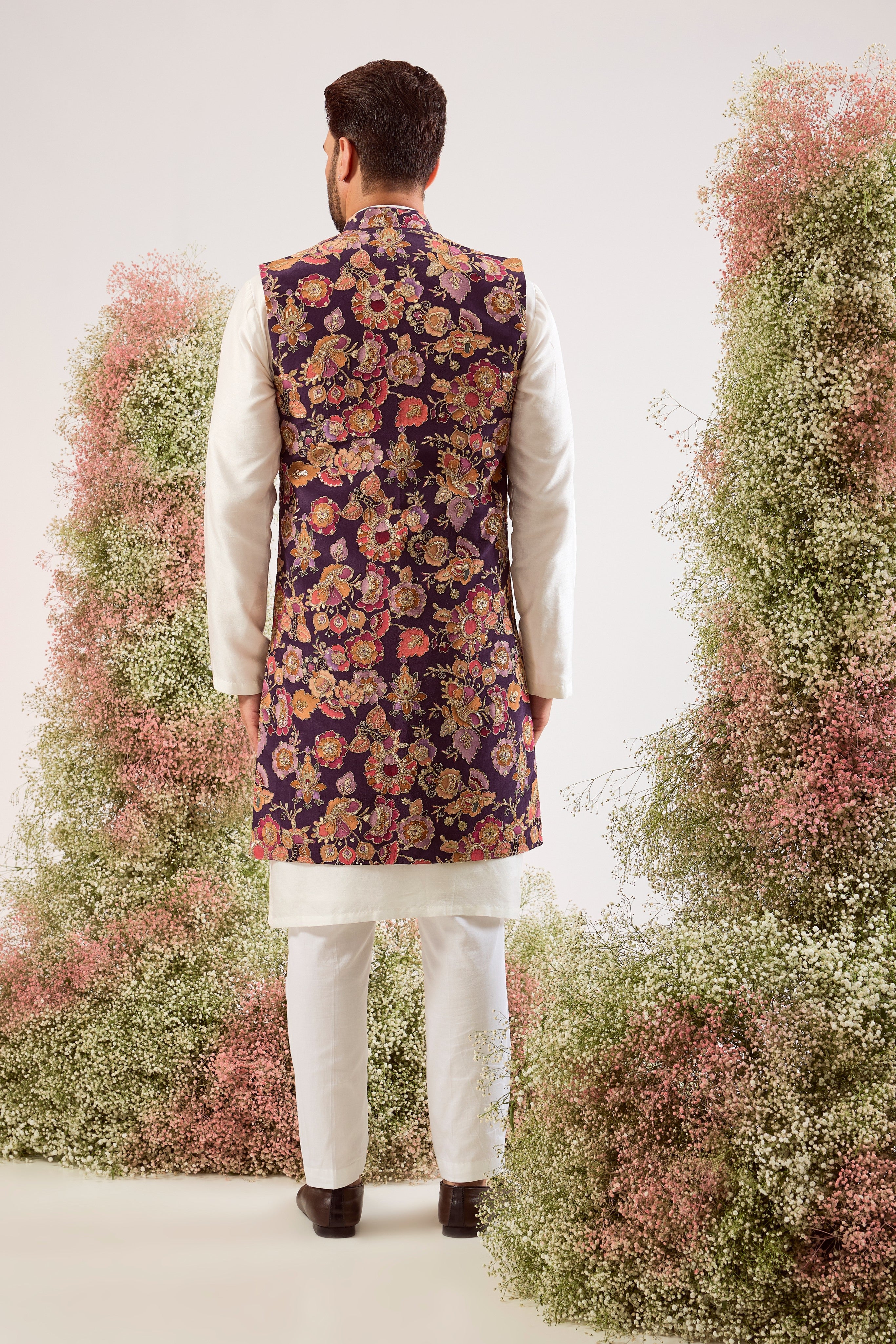purple floral long open jacket with intricate zari and sequin work