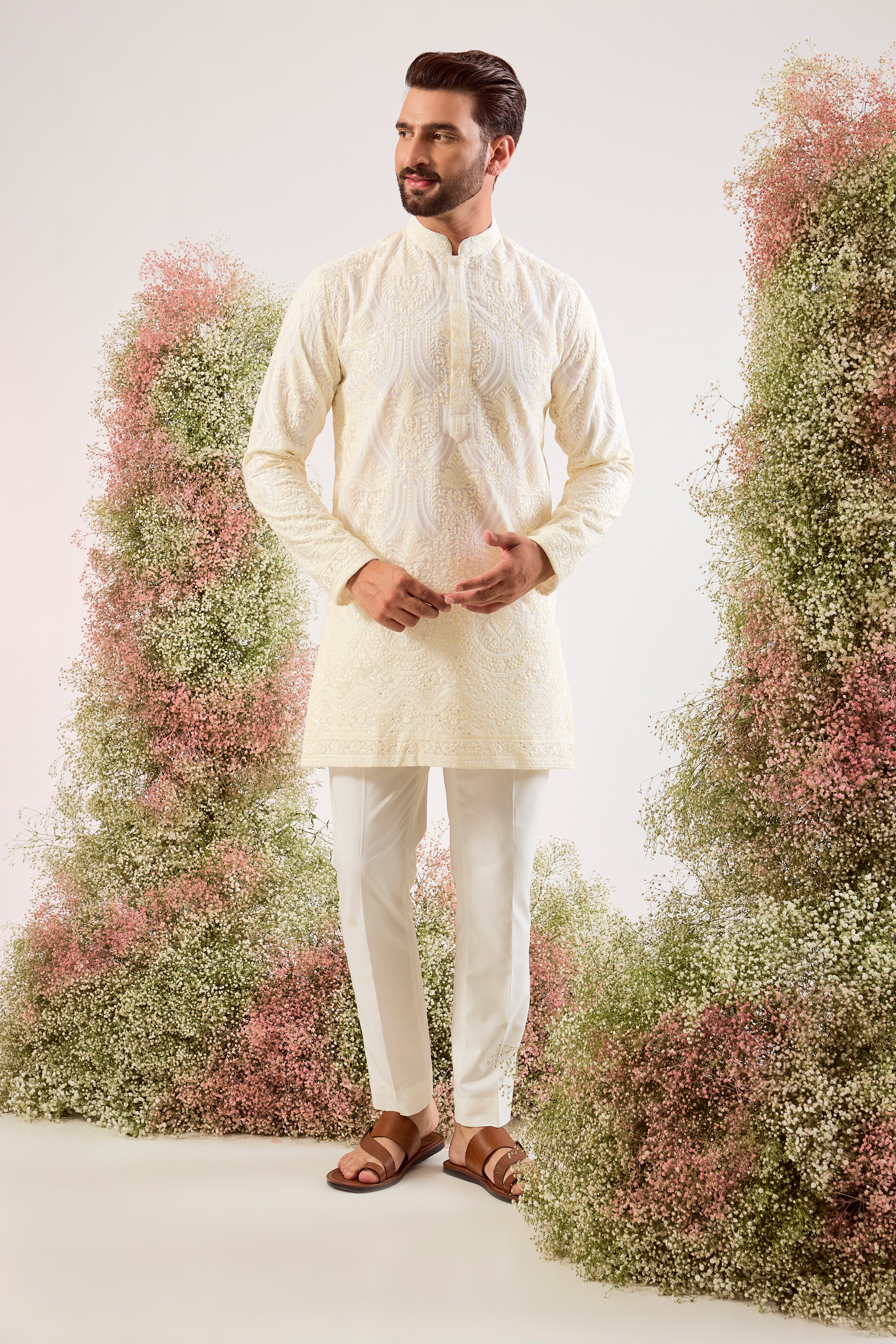 white chikankari kurta on organza with lining