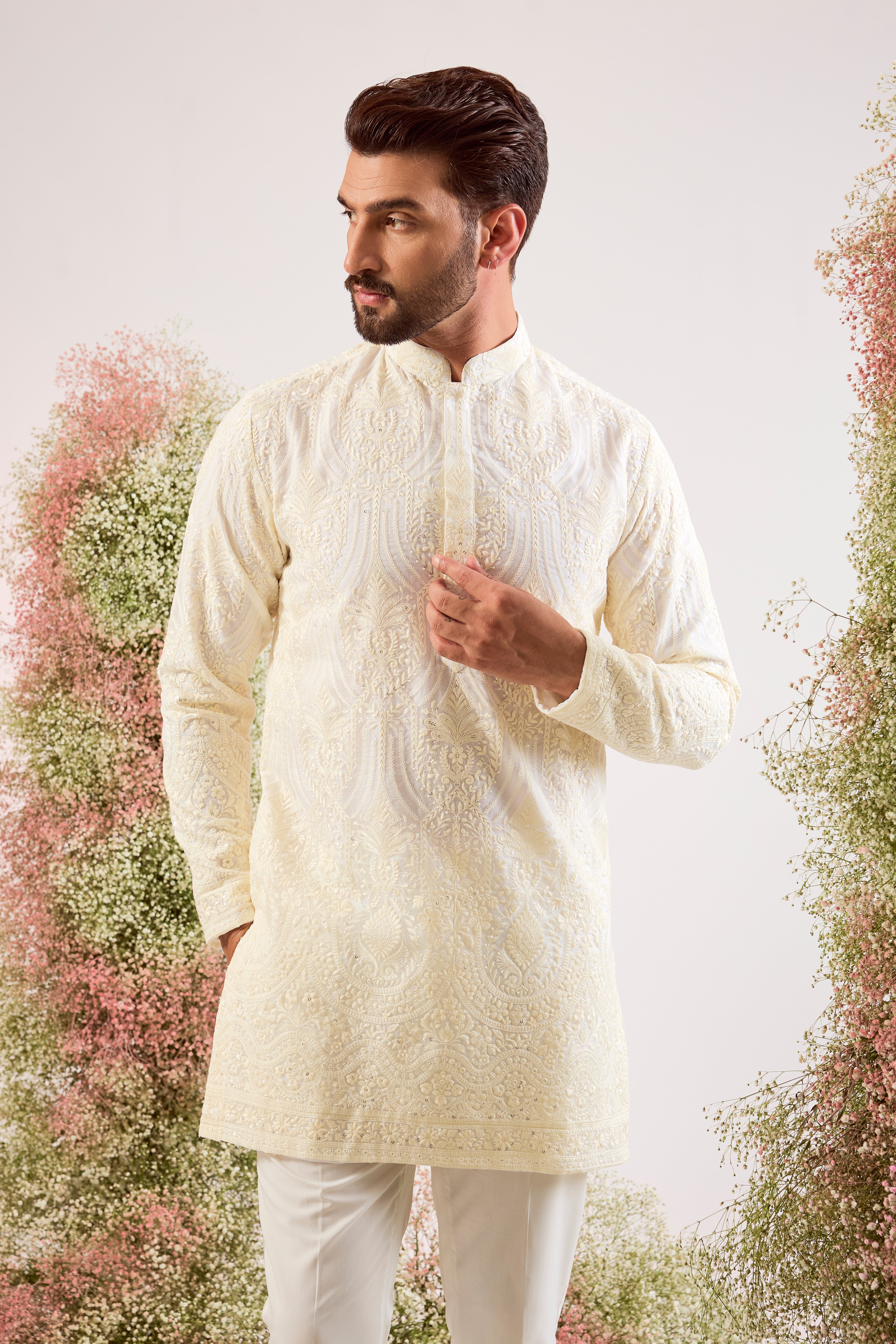 white chikankari kurta on organza with lining