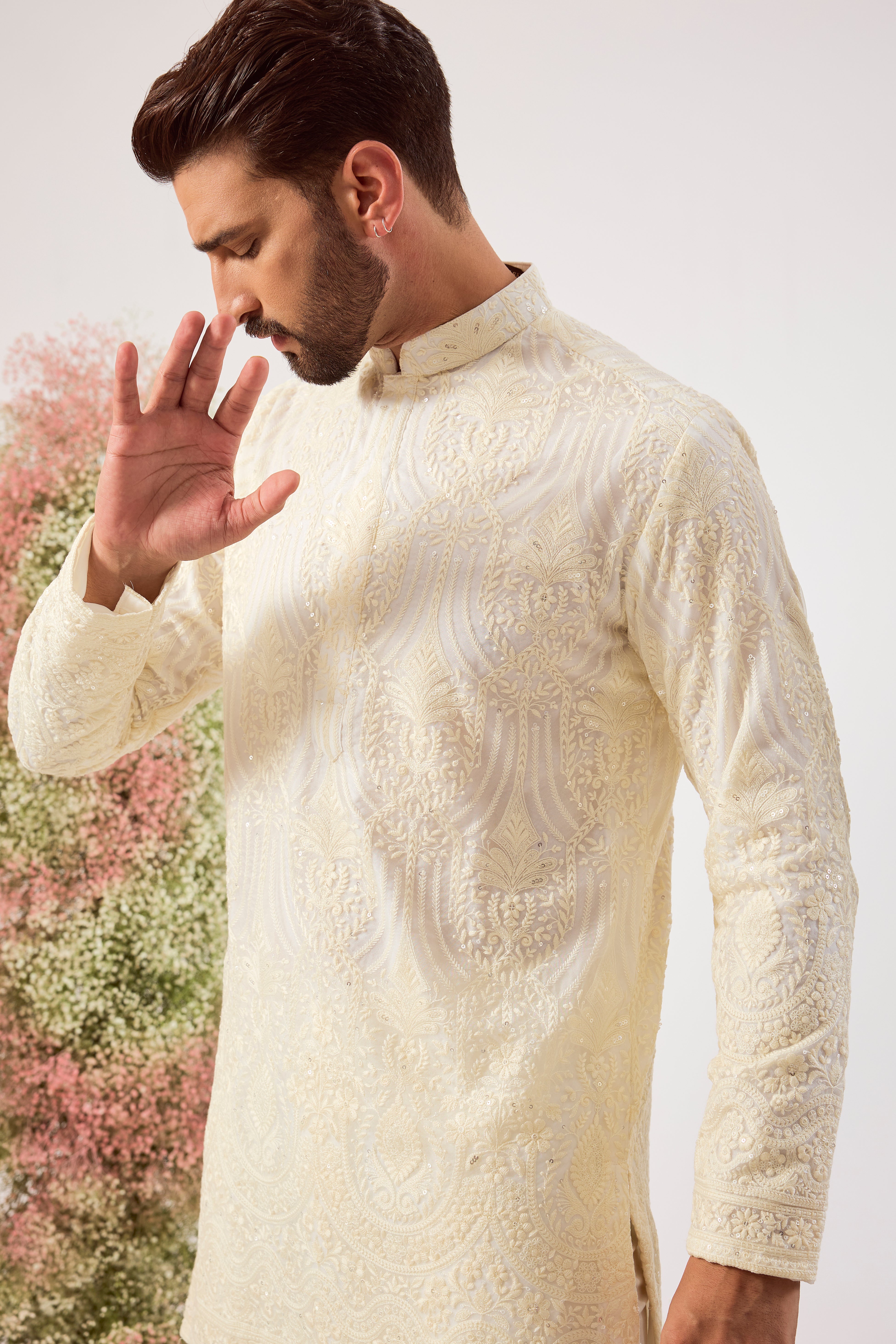 white chikankari kurta on organza with lining