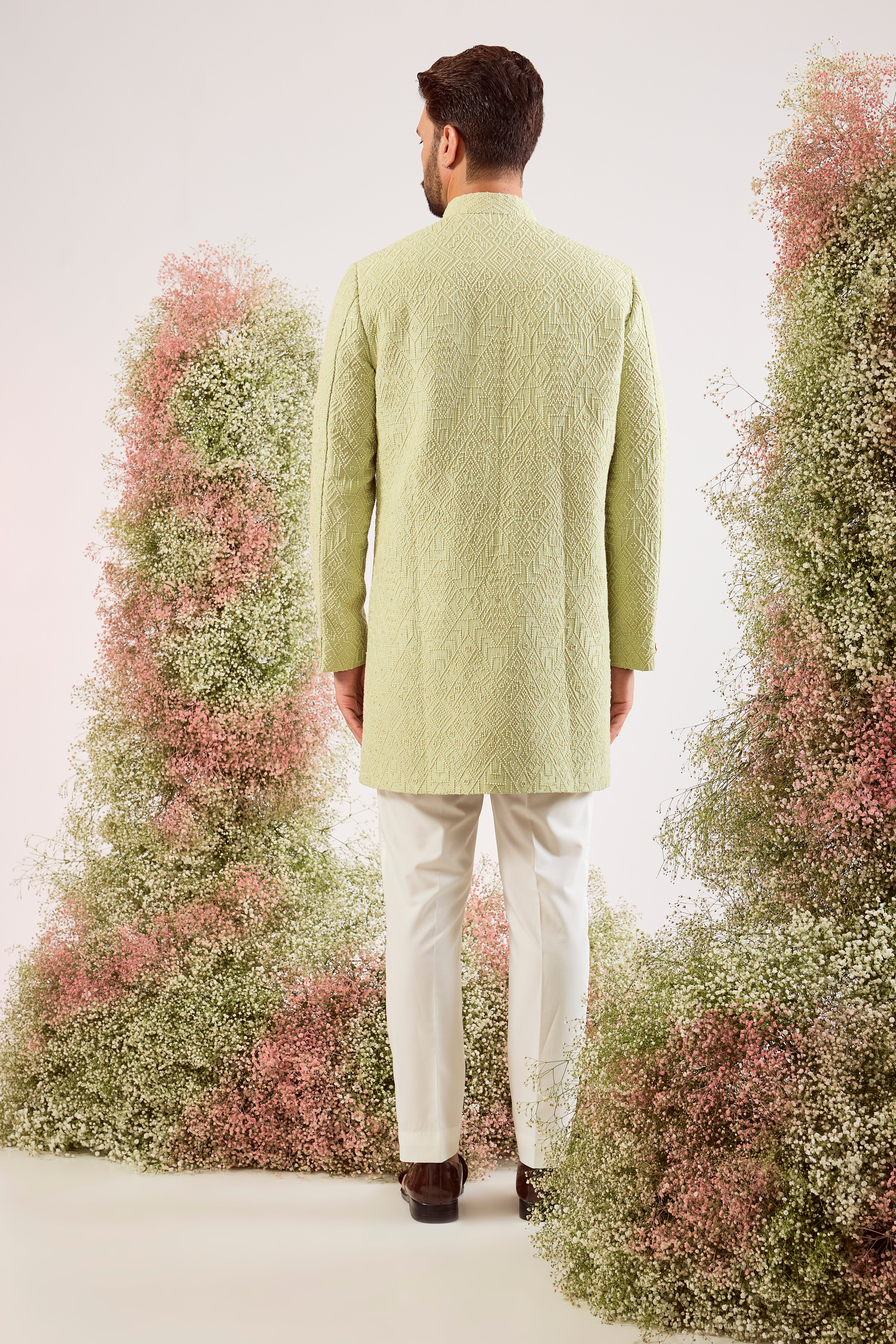 pastel green geometrically embroideried thread work short sherwani with subtle sequin detailing