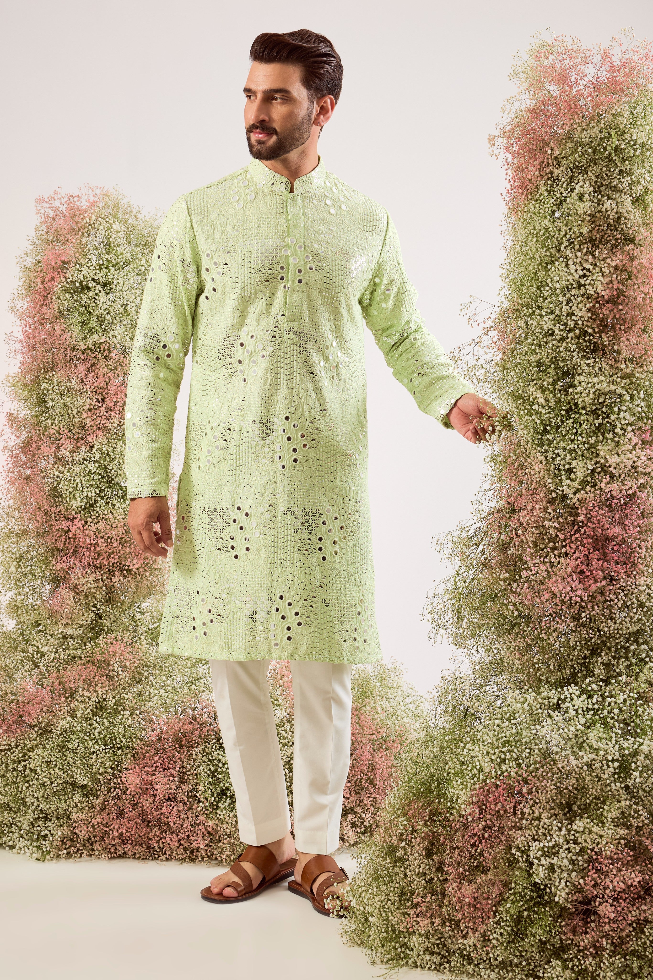 pastel green mirror work kurta with floral running pattern