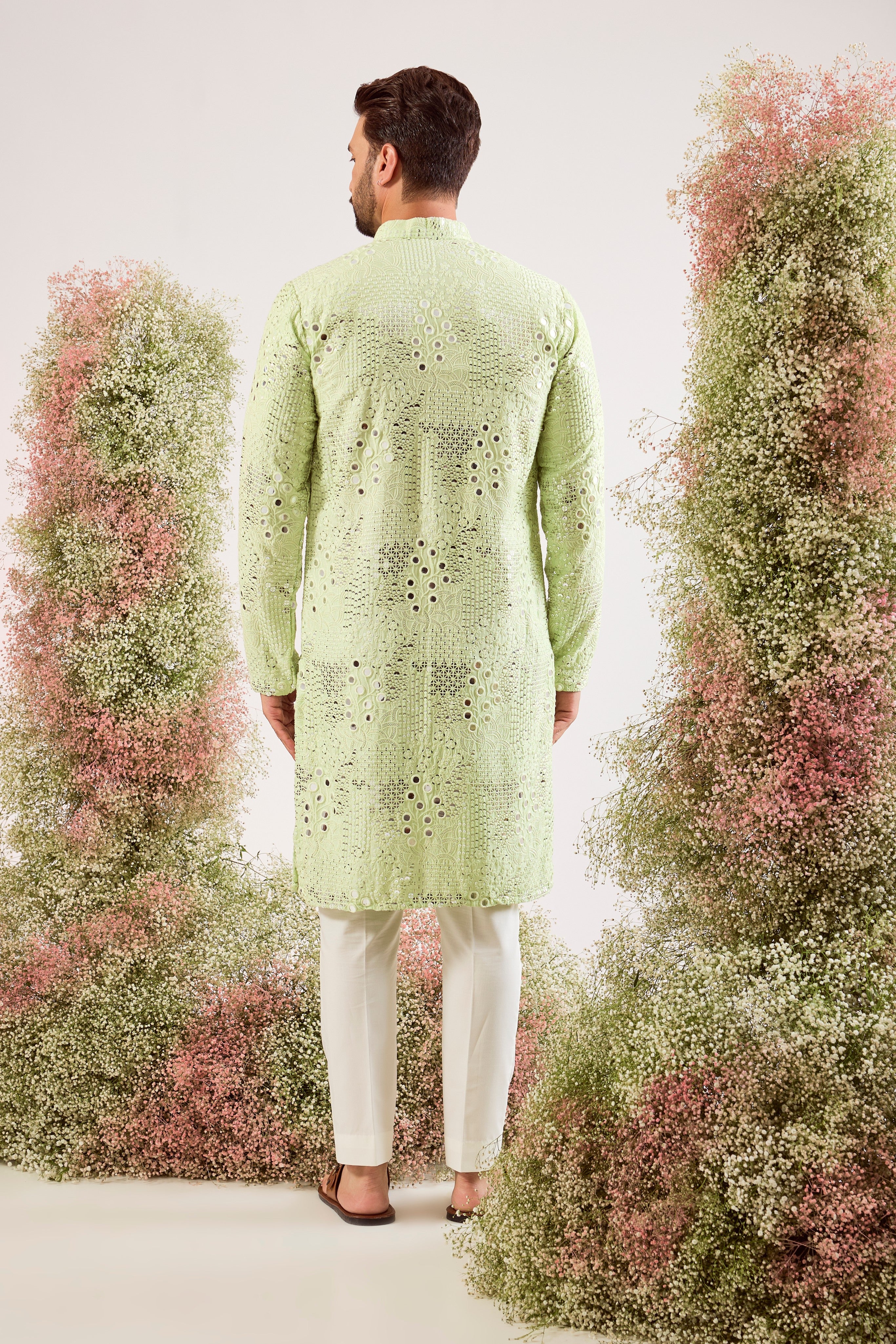 pastel green mirror work kurta with floral running pattern