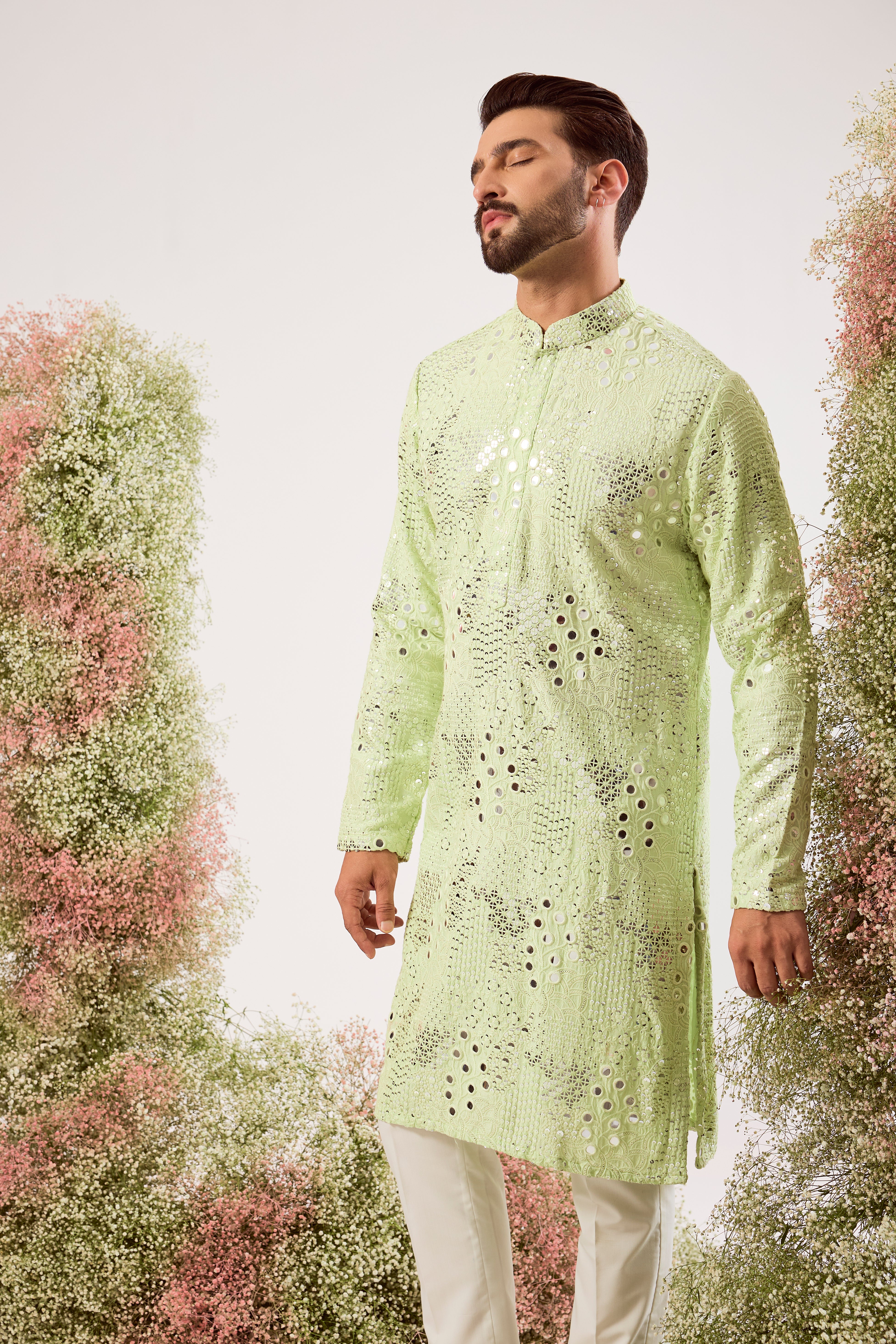 pastel green mirror work kurta with floral running pattern