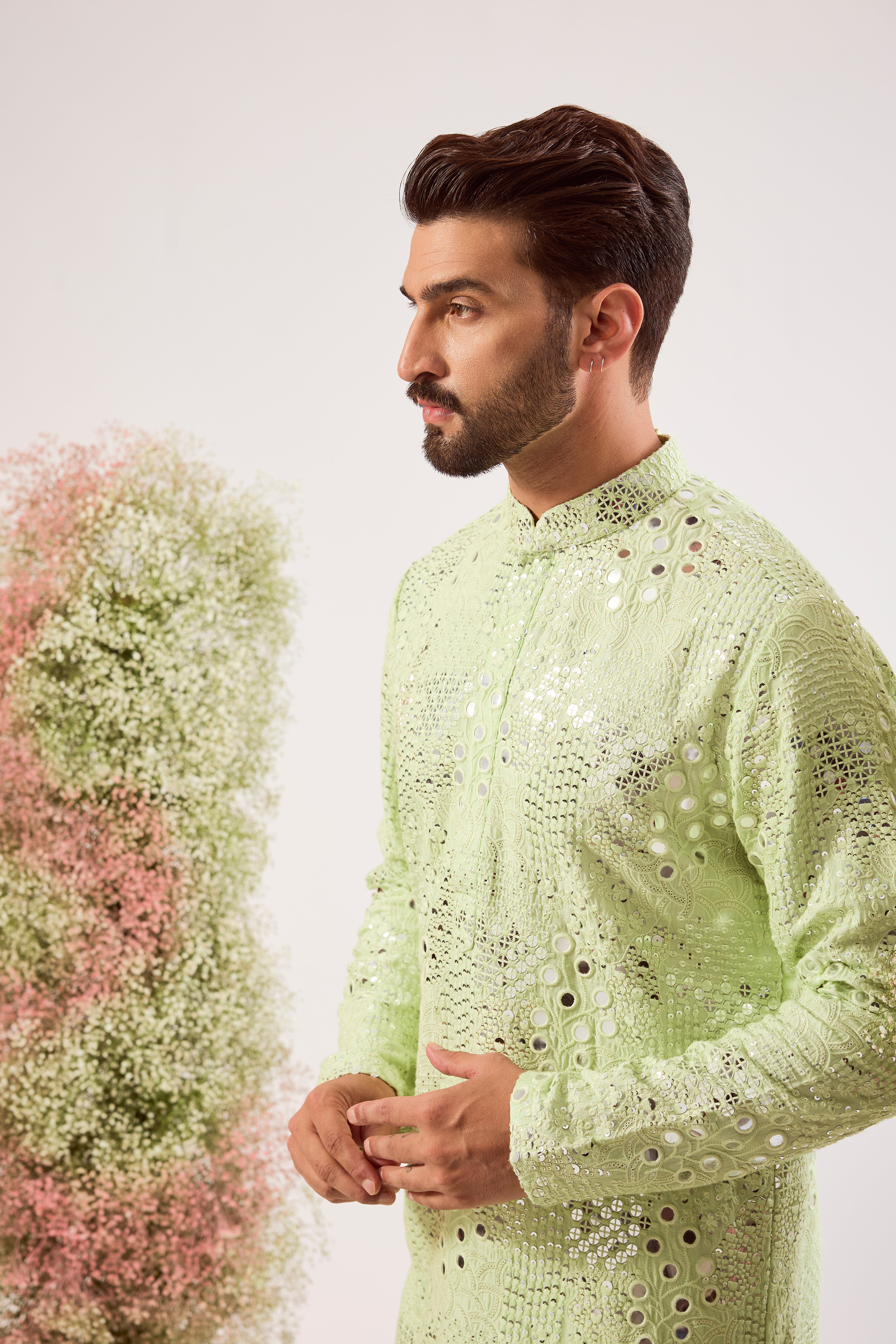 pastel green mirror work kurta with floral running pattern