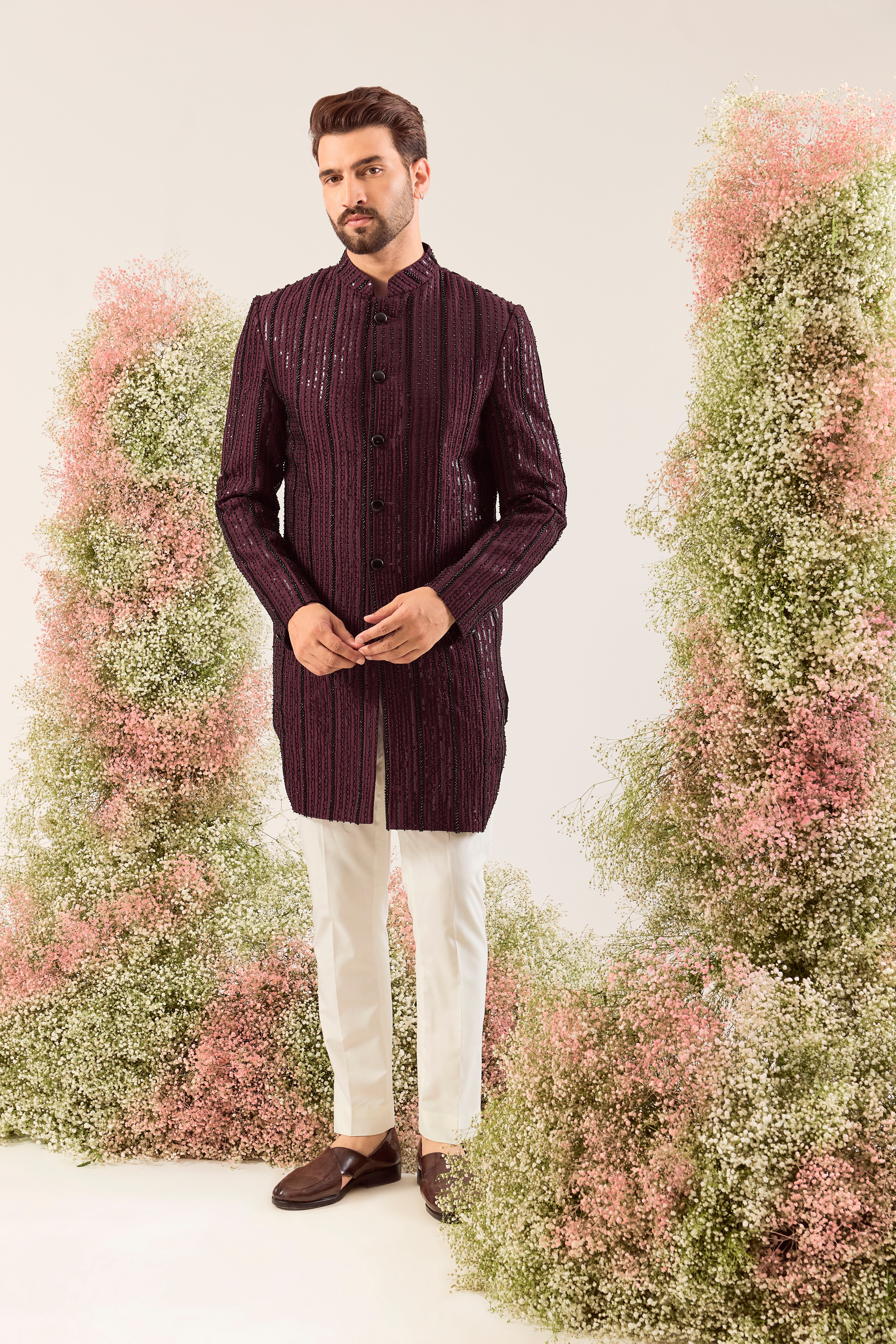 maroon sroyal cut indowestern with intricate cut dana