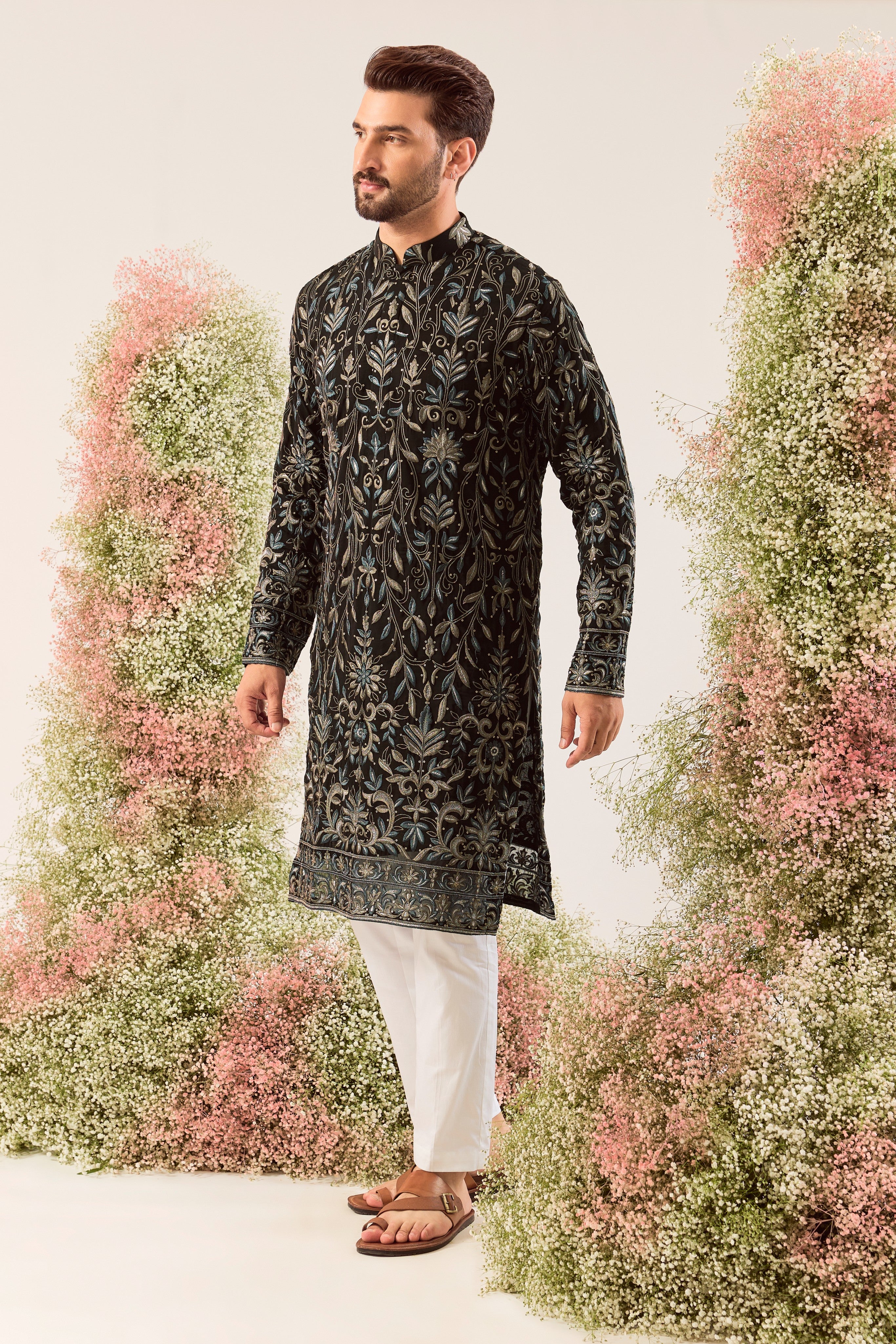 black chikankari kurta with kashmiri threadwork