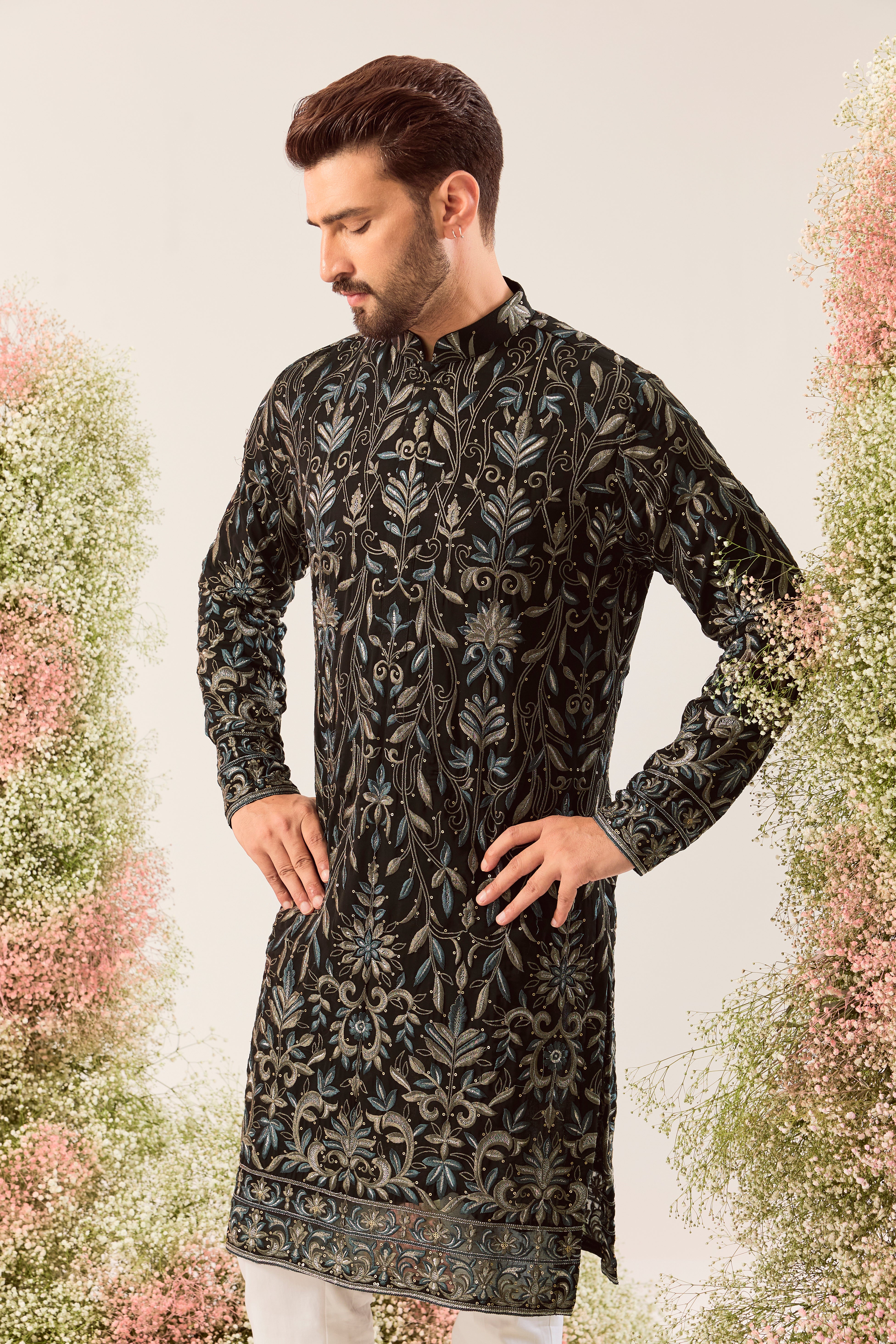 black chikankari kurta with kashmiri threadwork
