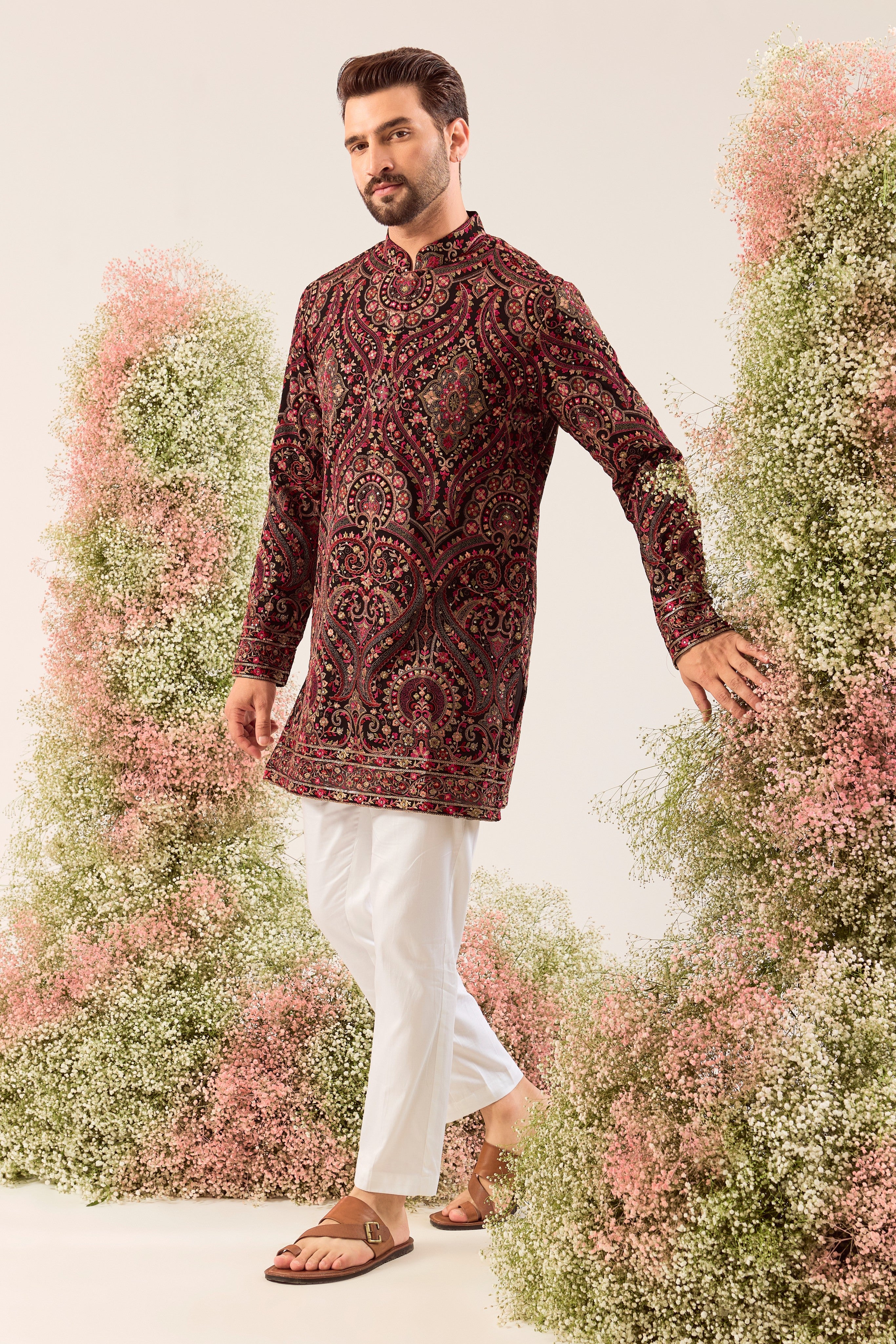 black- maroon short chikankari kurta with  jamawar  embroidery
